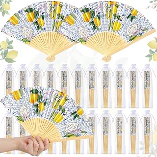 Vercraft 25 Sets Lemon Folding Fans with Organza Bags, Wedding Favors for Guests, Bridal Shower Decorations, Mediterranean Style, Amalfi Italian Summer Party Hand Fans for Wedding Bridesmaid Gift