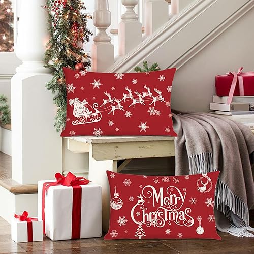 Miniatura 9 de Bonhause Juego de 4 fundas de almohada rojas navideñas de 18 x 18 pulgadas, diseño de copos de nieve de reno, para sofá, decoración de vacaciones de