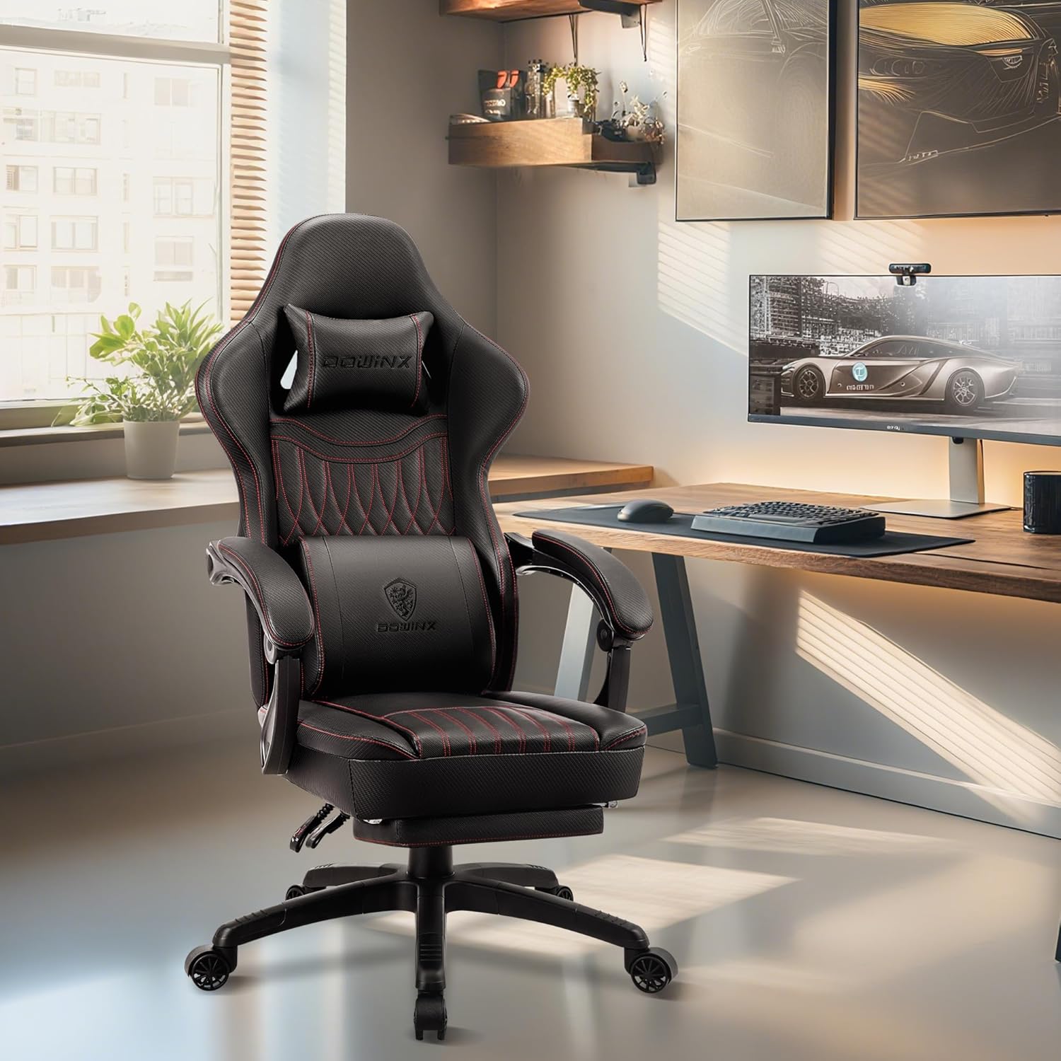 81wvc0J2ZVL._AC_SL1500_ Dowinx Gaming Chair Breathable PU Leather Gamer Chair with Footrest Massage Lumbar Support, Big and Tall Ergonomic Reclining Computer Chair with Pocket Spring Cushion for Adults Teens(Black)