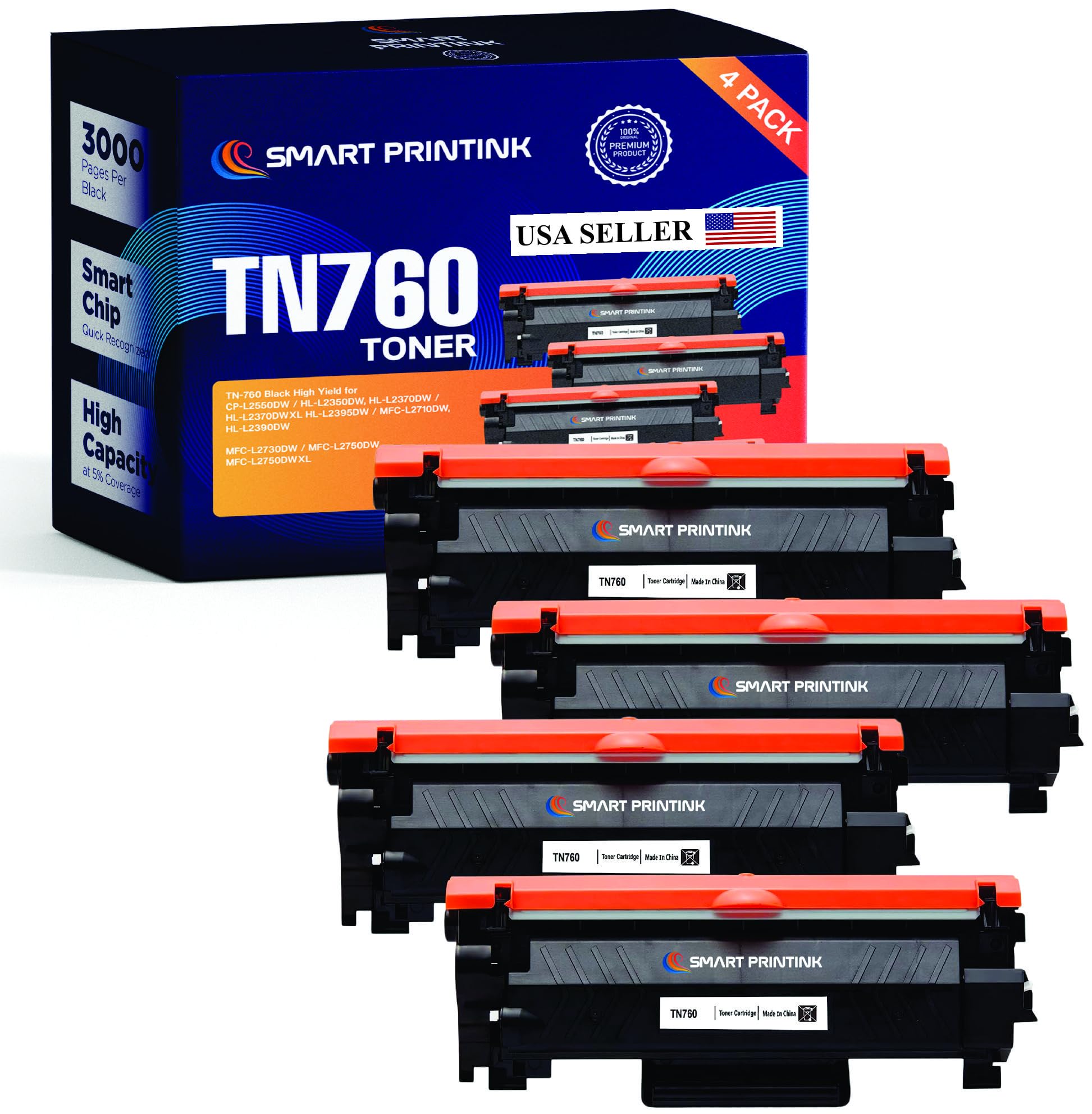 TN-760 High Yield Toner Cartridges for Brother HL-L2305DW, HL-L2350DW, HL-L2395DW, HL-L2390DW, HL-L2370DW, HL-L2370DWXL, MFC-L2690DW, MFC-L2710DW, MFC-L2717DW, MFC-L2730DW, (4 Pack) TN760