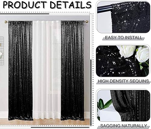 Miniatura 4 de Cortinas de fondo de lentejuelas negras con purpurina de 2 x 8 pies, 4 paneles para decoración de bodas, fiestas de cumpleaños, despedidas de