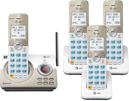AT&T Teléfono doméstico inalámbrico extensible DECT 6.0 de 4 auriculares con pantalla grande, botones grandes, contestador automático, bloqueador de