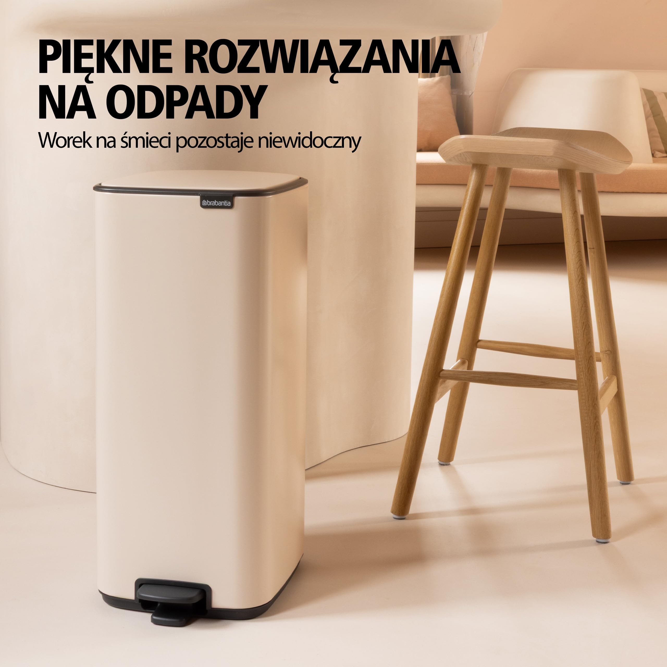 Brabantia Kosz Pedałowy Bo 30 L (Biały), Wysoki Kosz na Śmieci z Delikatnie Zamykającą Pokrywą i Obsługą Pedału, Łatwy w Czyszczeniu z Wymowanym Wiadrem i Darmowe Worki na Śmieci PerfectFit