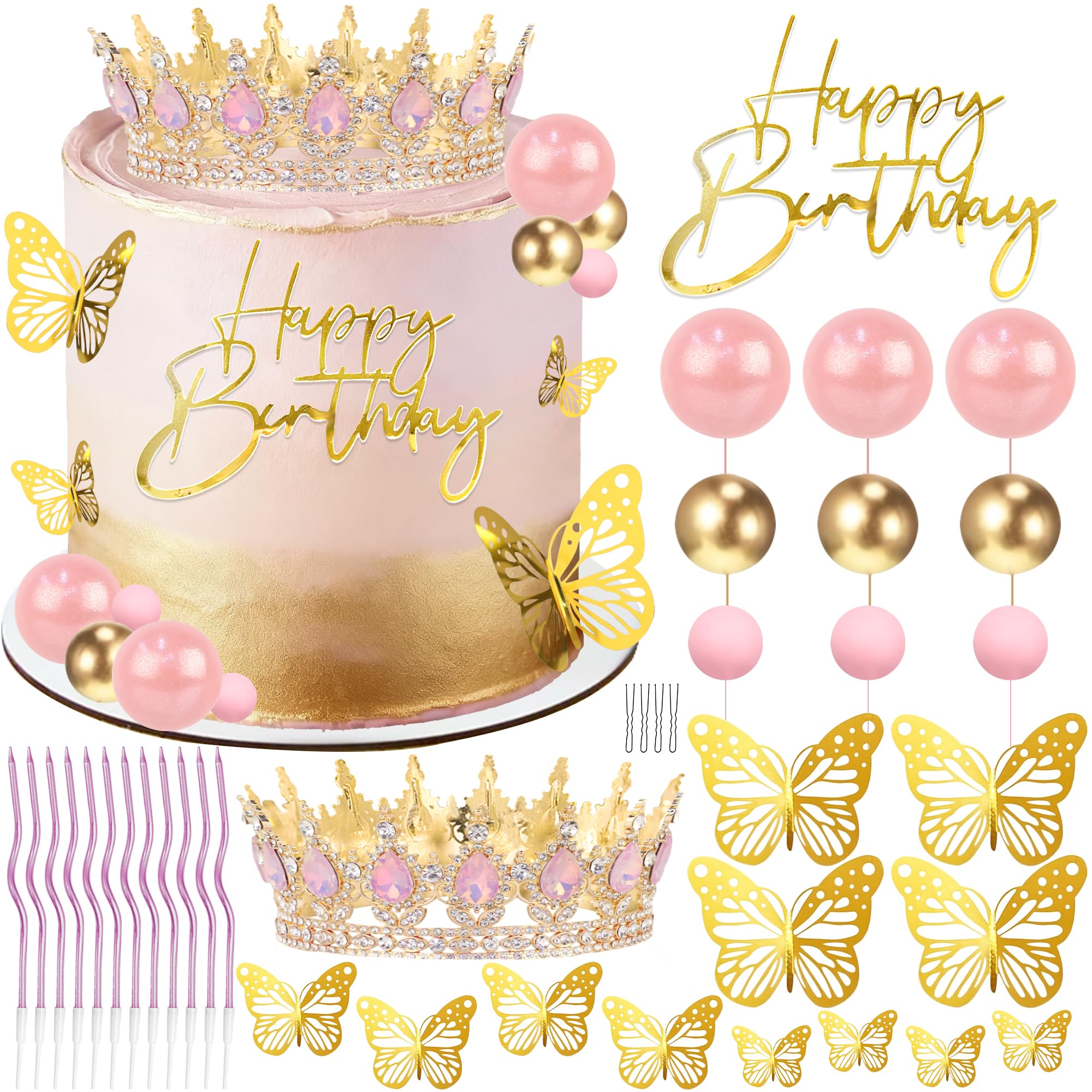 Happy Birthday Crown Cake Topper Candles Butterfly Balls Decoration