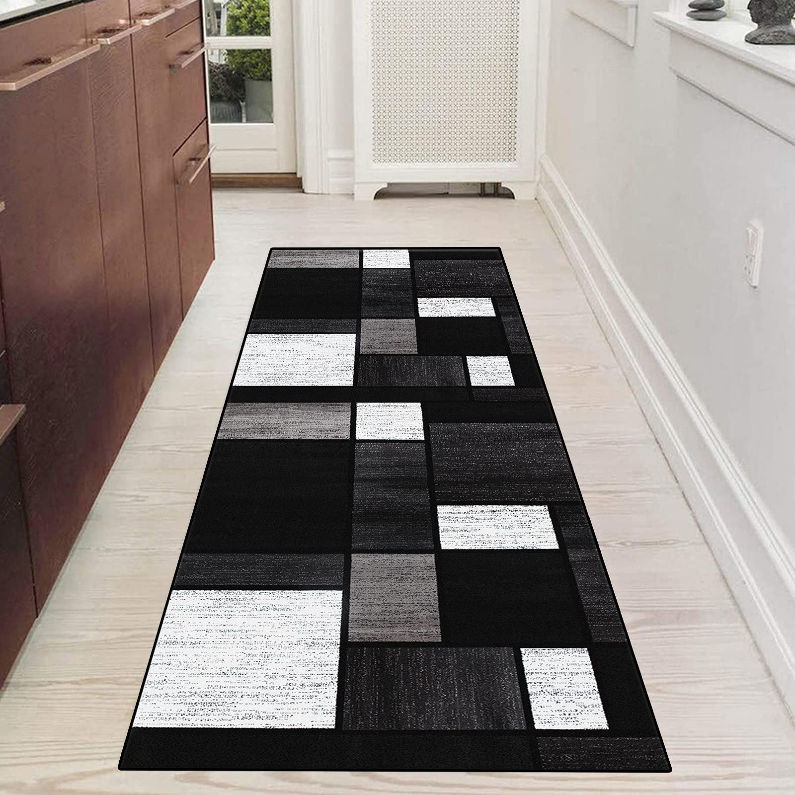 Teppich läufer Flur Grau Schwarz und Weiß rutschfest 80x250cm Küchenteppich Patchwork Waschbar Meterware Schlafzimmer Korridor Teppich Lang, 60/70/ 80/90/ 100/ 120cm Breit