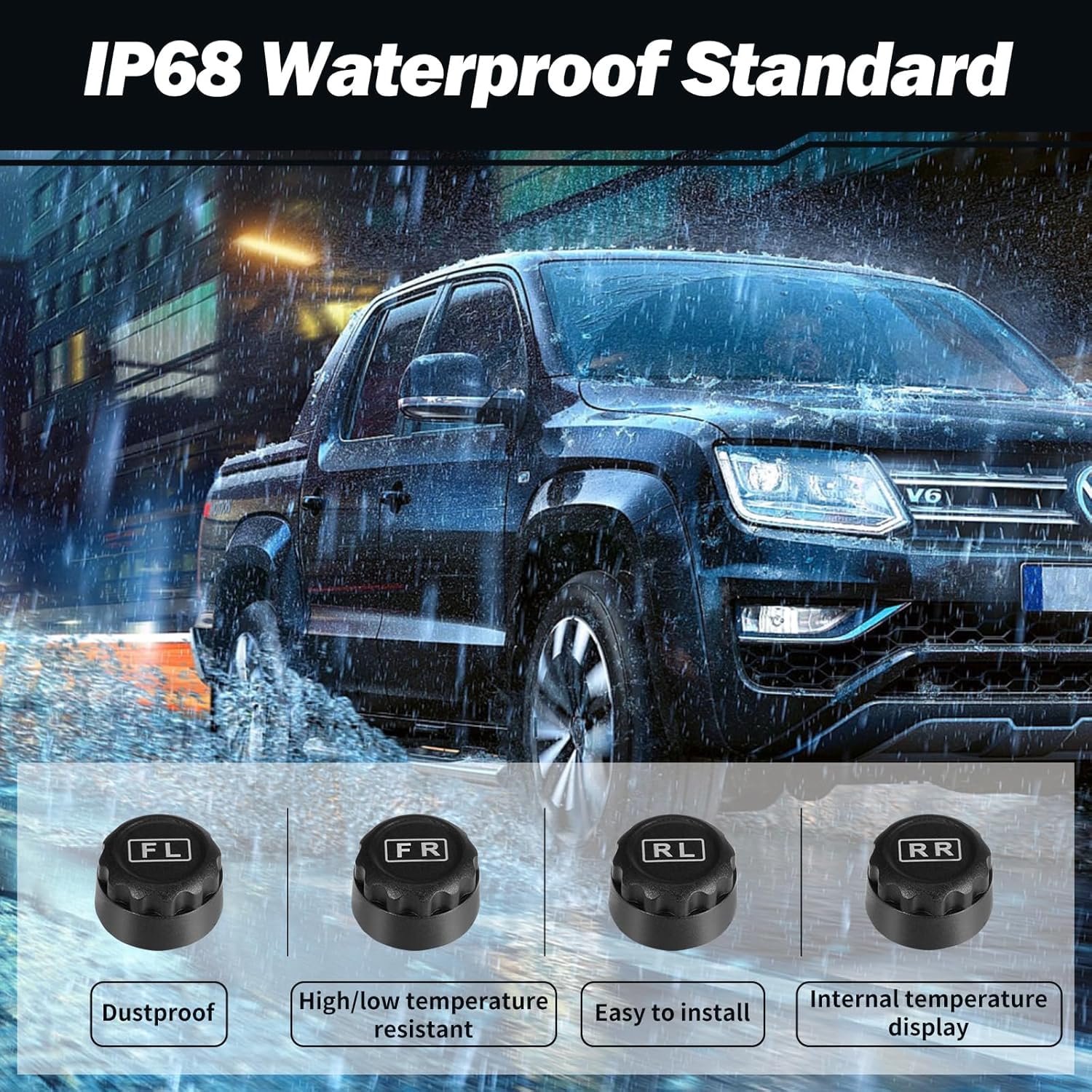 TPMS - Sistema di controllo della pressione degli pneumatici, 4 x sensore di pressione degli pneumatici, senza fili, a energia solare, USB, con display LCD, gamma di pressione: 0-6 bar, per