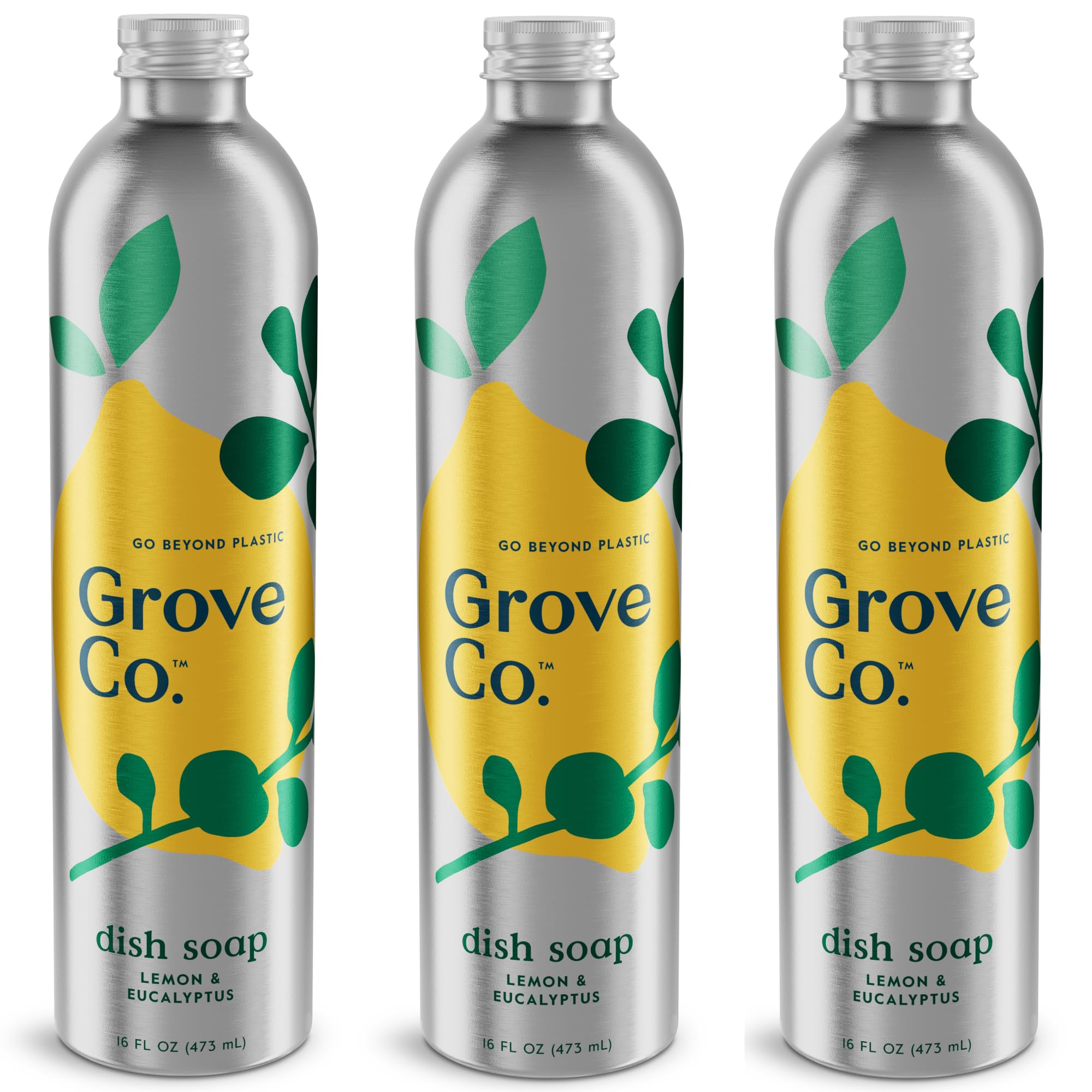 Grove Co. Ultimate Dish Soap Refills (3 x16 Fl Oz) Removes 48-hr Stuck-on Food and Grease, Plastic Free Cleaning Products, 100% Natural Lemon &