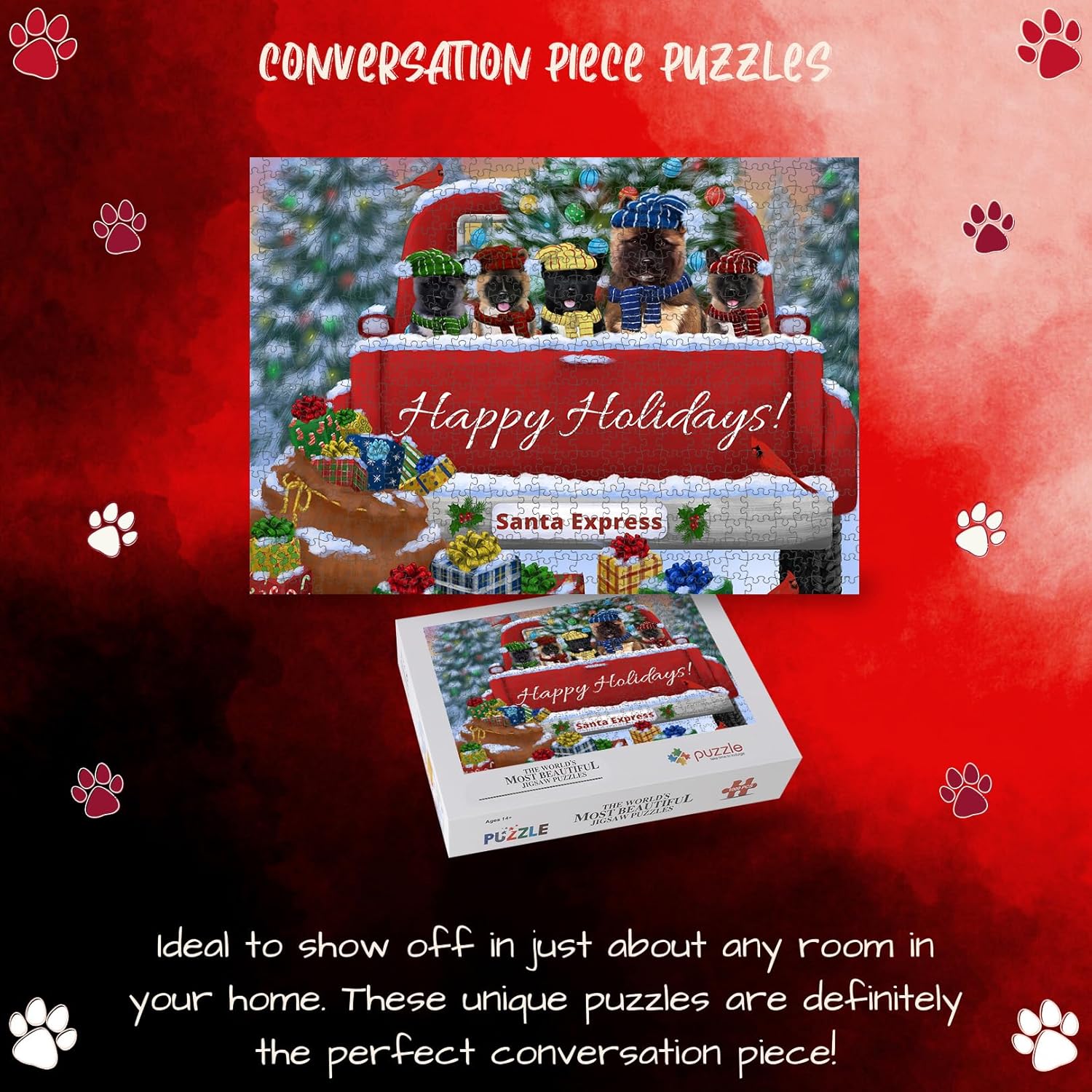 Christmas Red Truck Travlin Home for The Holidays American Akita Dogs Jigsaw Puzzle for Adults - Animal Printed Interlocking Puzzle Gift for Dog Lover's - 1000 Pcs 20"x30"