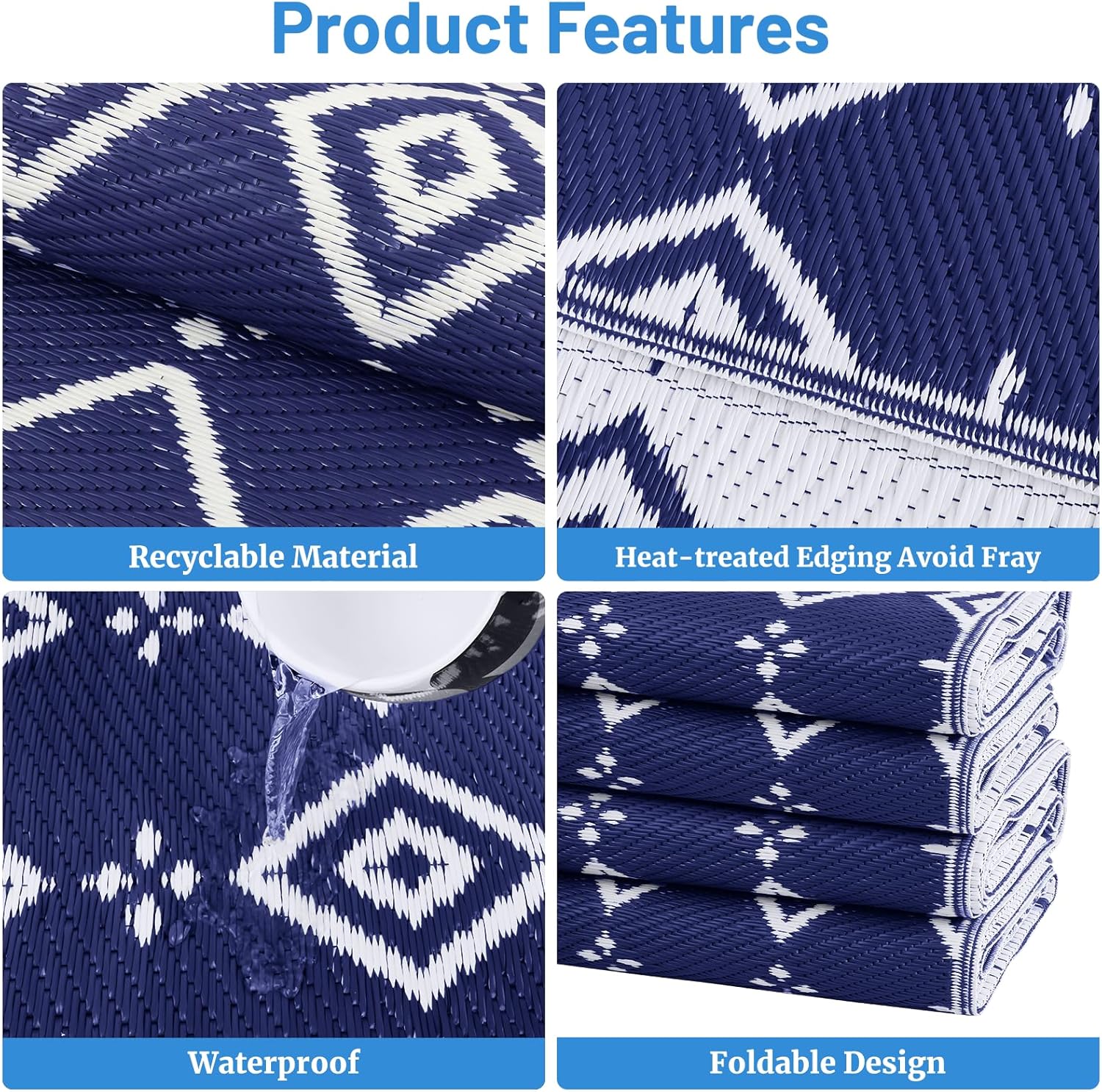 StepRite 5’ x 8’ Reversible Outdoor Rug, Waterproof Plastic Straw Rug, Patio Rug, Large Modern Area Rug Carpet, Indoor Outdoor Rugs for Camping, Porch, Deck, Balcony, Backyard, RV, Picnic(Blue)