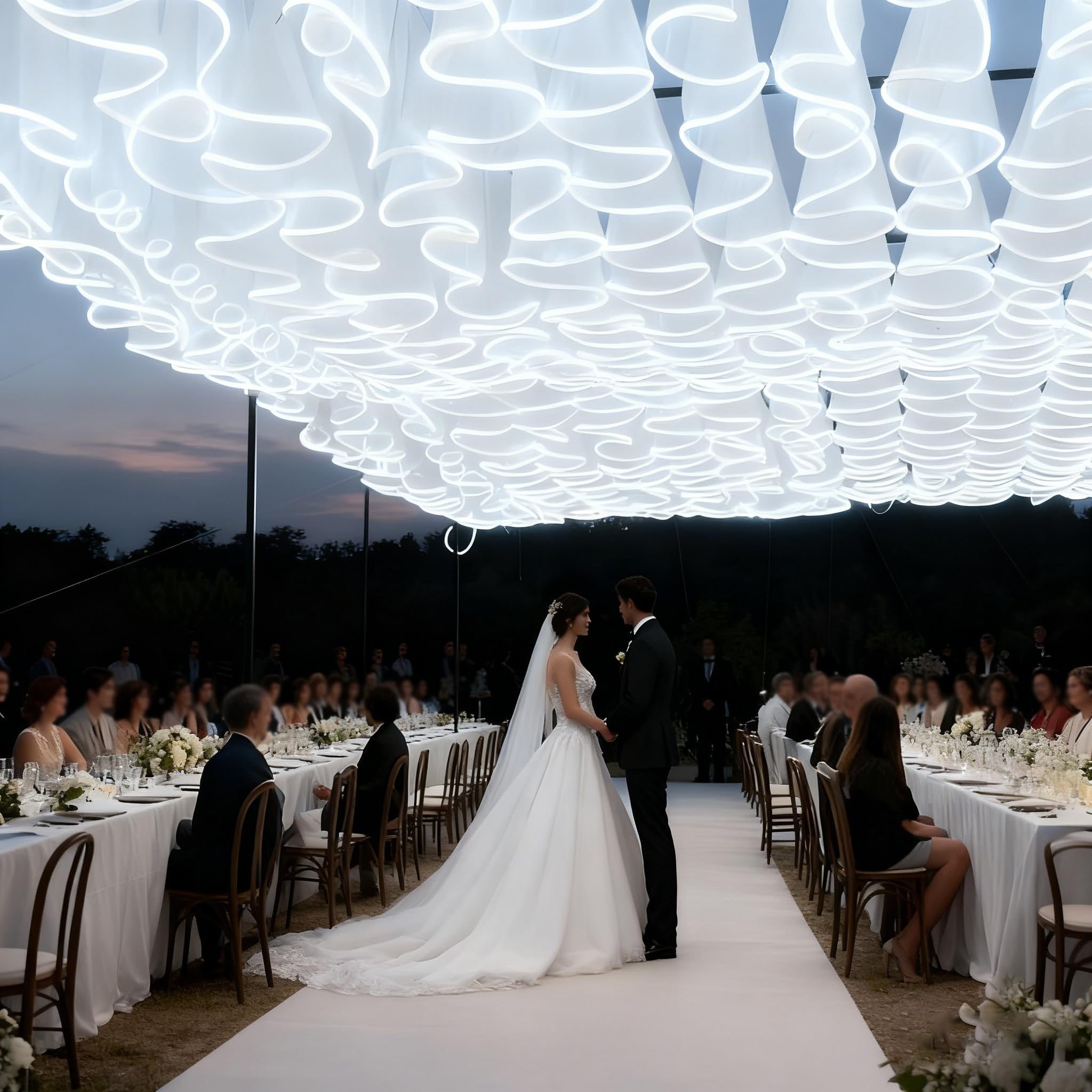 100m de Cortinas de Techo con Luces - 10 Paneles Listos para Colgar para Decoración de Bodas y Fiestas, Velo Luminoso de Tul como Fondo Fotográfico, Cortina y Drapería de Tul 70cmH-White