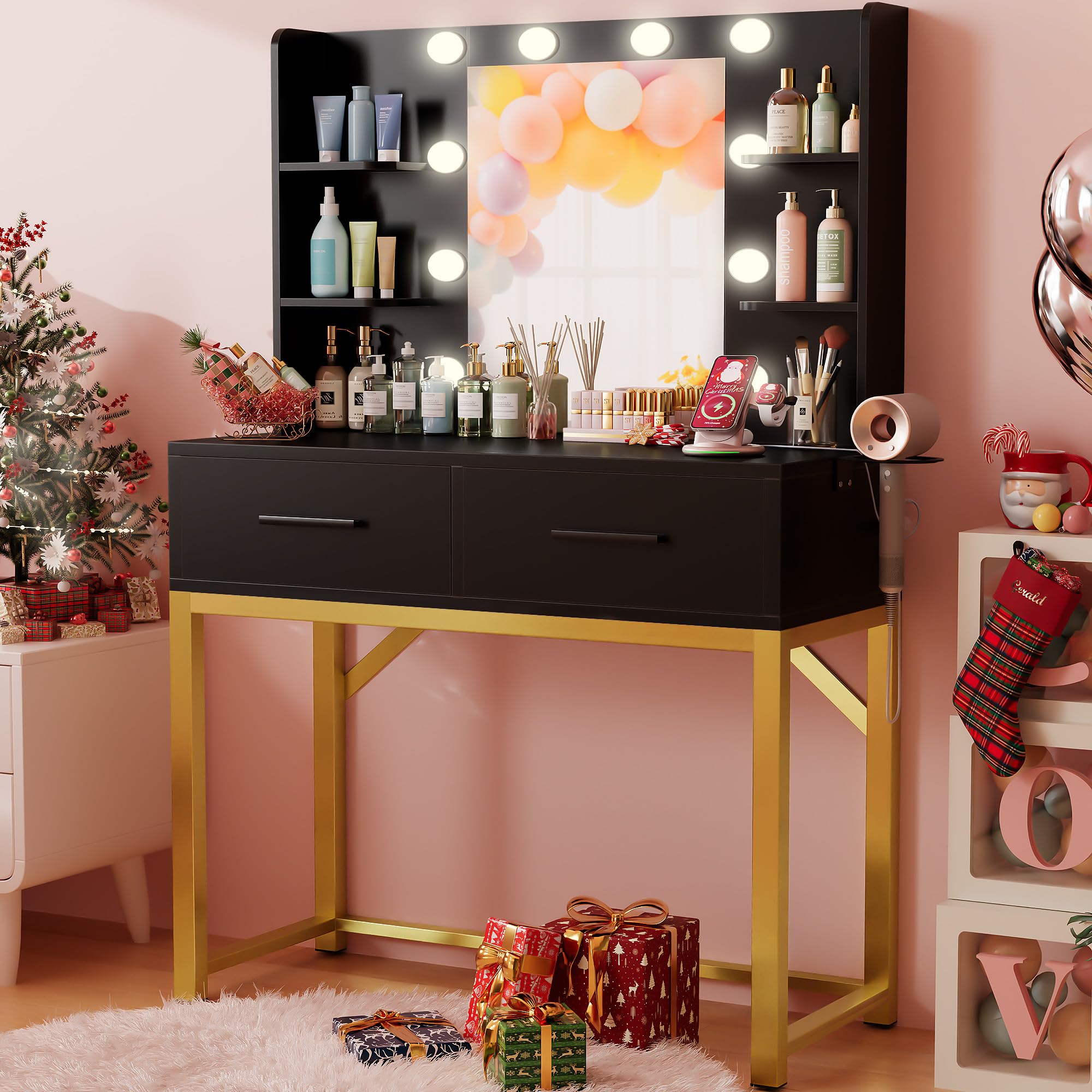 Furmax Vanity Desk with Mirror and LED Light Bulb, Small Makeup Vanity Table with Drawers, Dressing Table with Power Outlet and Hair Drayer Holder for