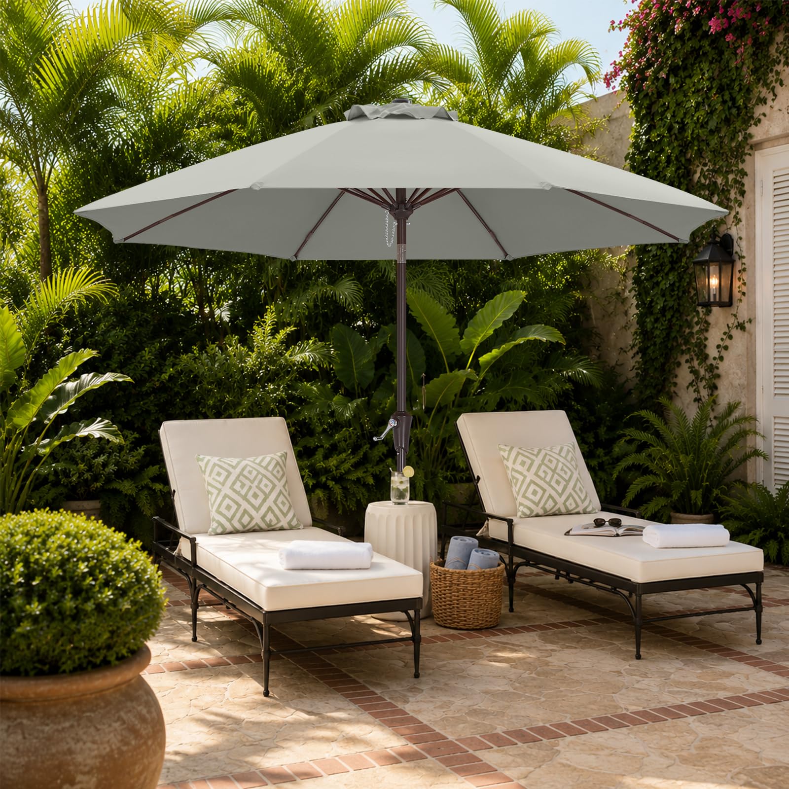 ABCCANOPY Sombrilla de 2,7 m con botón de inclinación para jardín, terraza, patio y piscina, 8 varillas, más de 13 colores | Poliéster 300D impermeable, no destiñe y resistente a la luz, 230/270/300 cm para jardín, terraza y playa