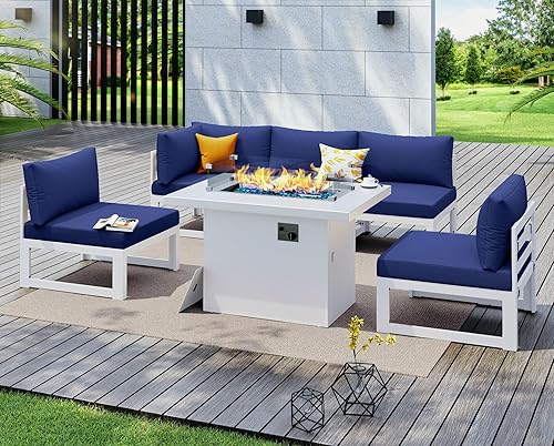 Miniatura 546 de NICESOUL 7 Piece White Powder-Coated Aluminum Patio Furniture with Fire Pit Table, 29 Inch Extra Wide Outdoor Sectional Sofa for 6, High-End Heavy
