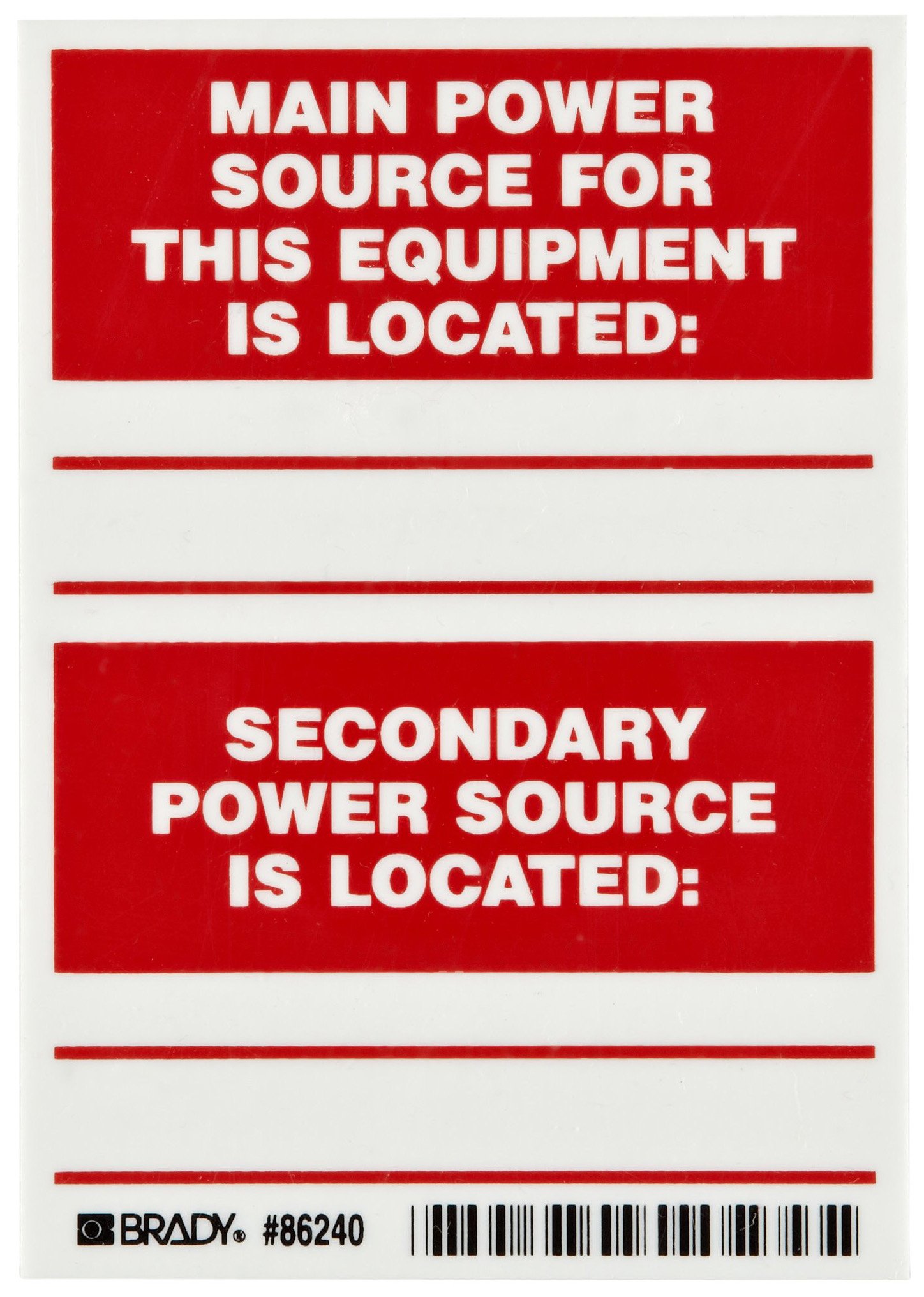 Brady 86240 5" Height, 3-1/2" Width, B-302 High Performance Polyester, Red On White Color Main And Secondary Power Source Labels (Pack Of 5)