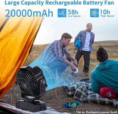 Miniatura 2 de Ventilador de campamento de 20000 mAh recargable con batería para exteriores, ventilador de tienda de campaña con luz y gancho, pivote de 270,