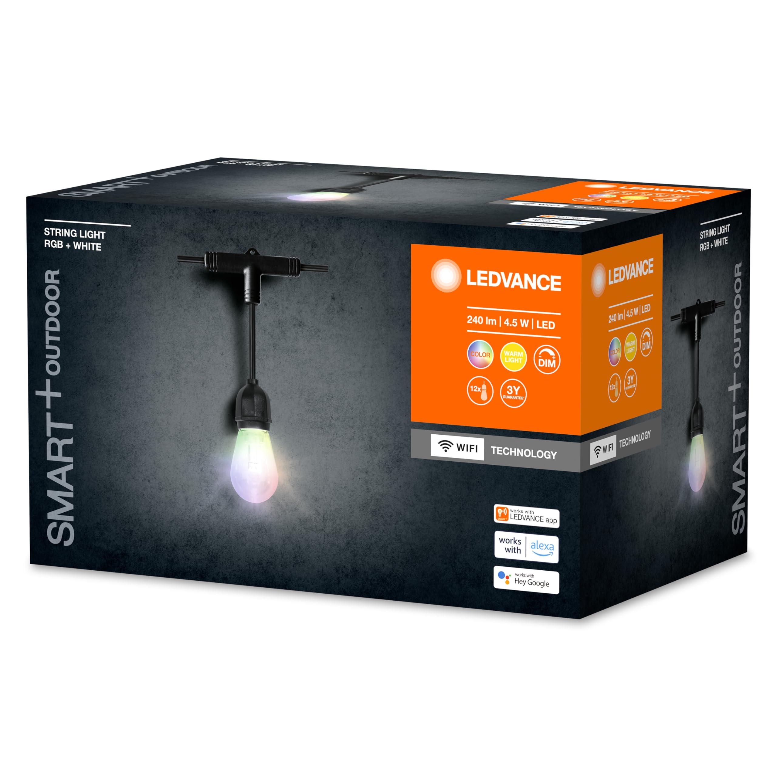 LEDVANCE SMART+ String catena di luci colorate WiFi da esterno, 4,5 W, 240 lm, nera, luce bianca calda (3000 K) e luce RGB 16 milioni di colori, controllo da app, compatibile con Amazon, Google, IP44
