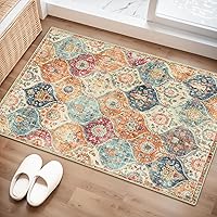 Lahome Moroccan Trellis Washable Rug 2x3 - Non-Slip Ultra-Thin Kitchen Entryway Mat, Kid Pet Friendly Oriental Throw Carpet Cream/Multi