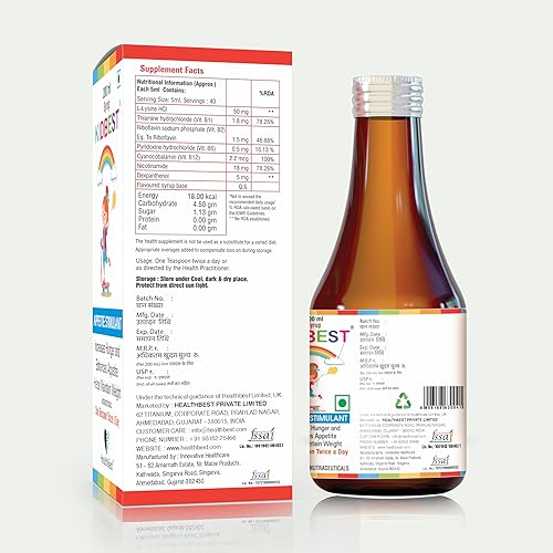 Miniatura 8 de HealthBest Kidbest Estimulante del Apetito para Niños de 3 a 13 Años con L-Lisina y Vitaminas B, Jarabe, Ayuda al Aumento de Peso Saludable, Sabor a