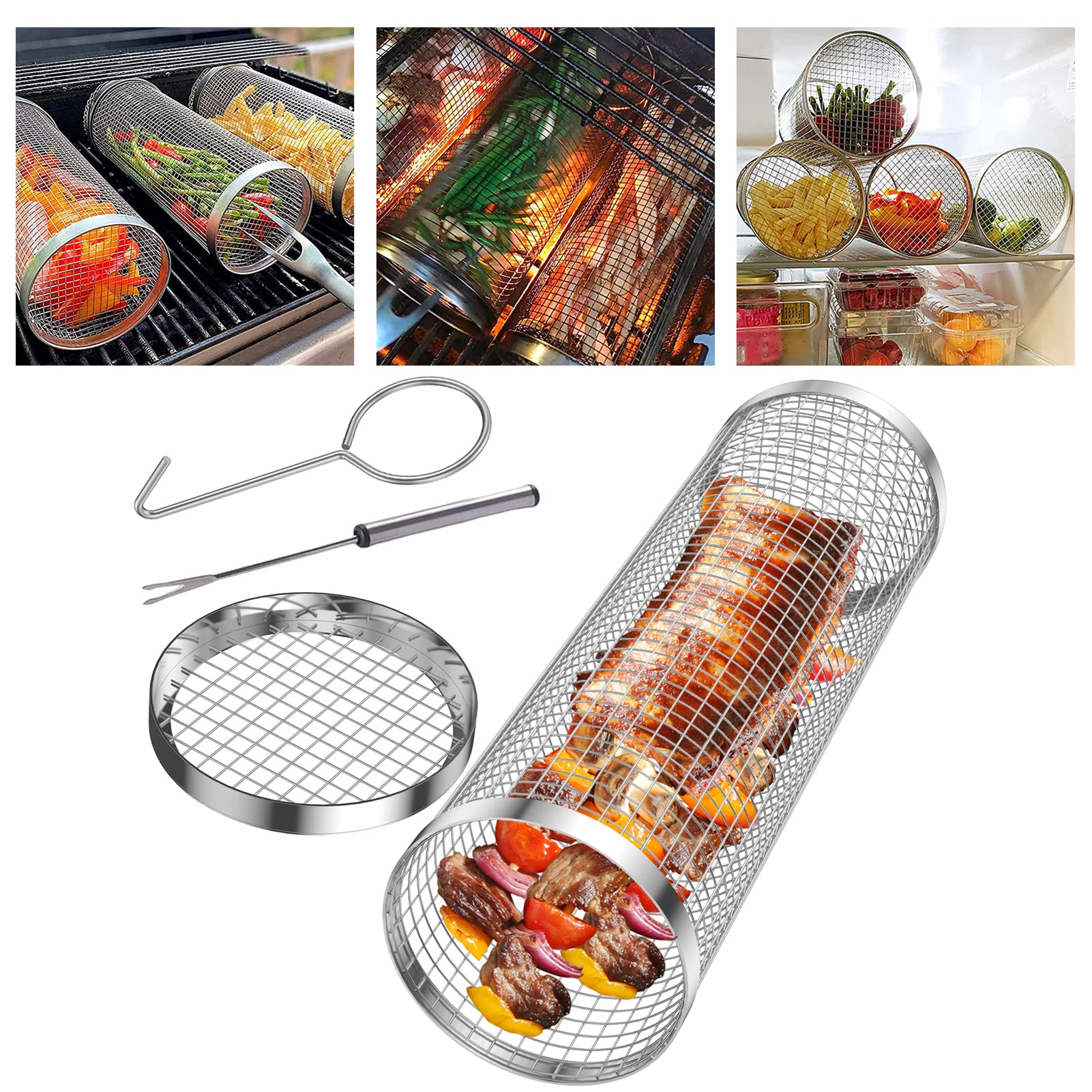Przenośny kosz do grillowania na kółkach, rurek rurowy ze stali nierdzewnej, kosz do grillowania, siatka do grillowania, wieloosobowa grill, kemping, stojak na warzywa, frytki, ryby, L, 2 szt