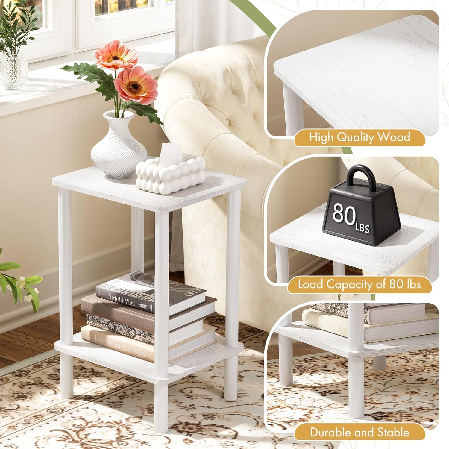 Open Shelves Side Table with Storage, 2-Tier Living Room End Tables, Night Table, 1-Min Installation Without Tools, Nightstand for Bedroom, White