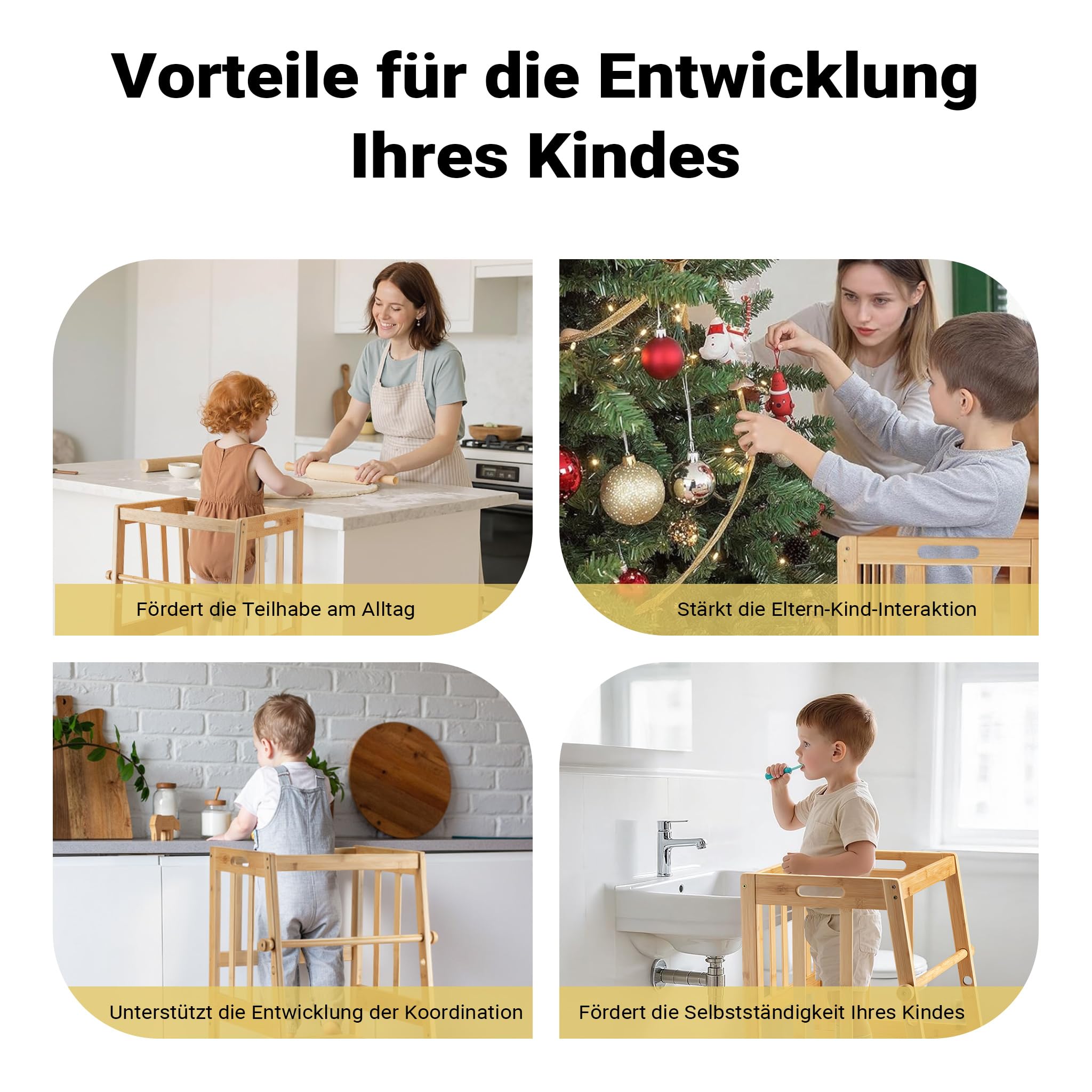 Wiltec Kinderstuhl Lernturm 57 x 46 x 90 cm aus Bambus, Lernstuhl für Kinder mit Geländer, Stehturm mit Schutzstab