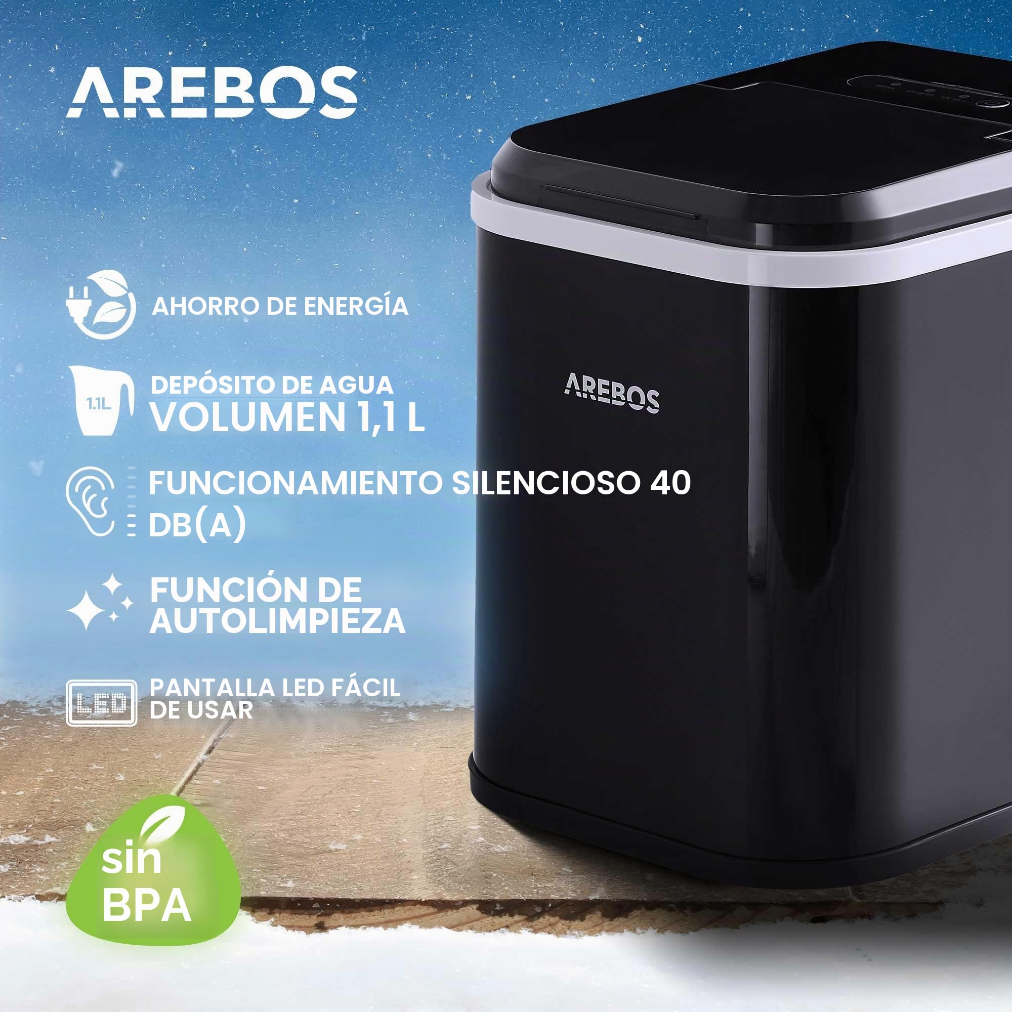 Arebos Fabricador de cubitos de hielo | 12 kg / 24 h | 10-15 minutos de tiempo de producción | Depósito de agua de 1,1 litros | Silencioso | Función de autolimpieza | Negro