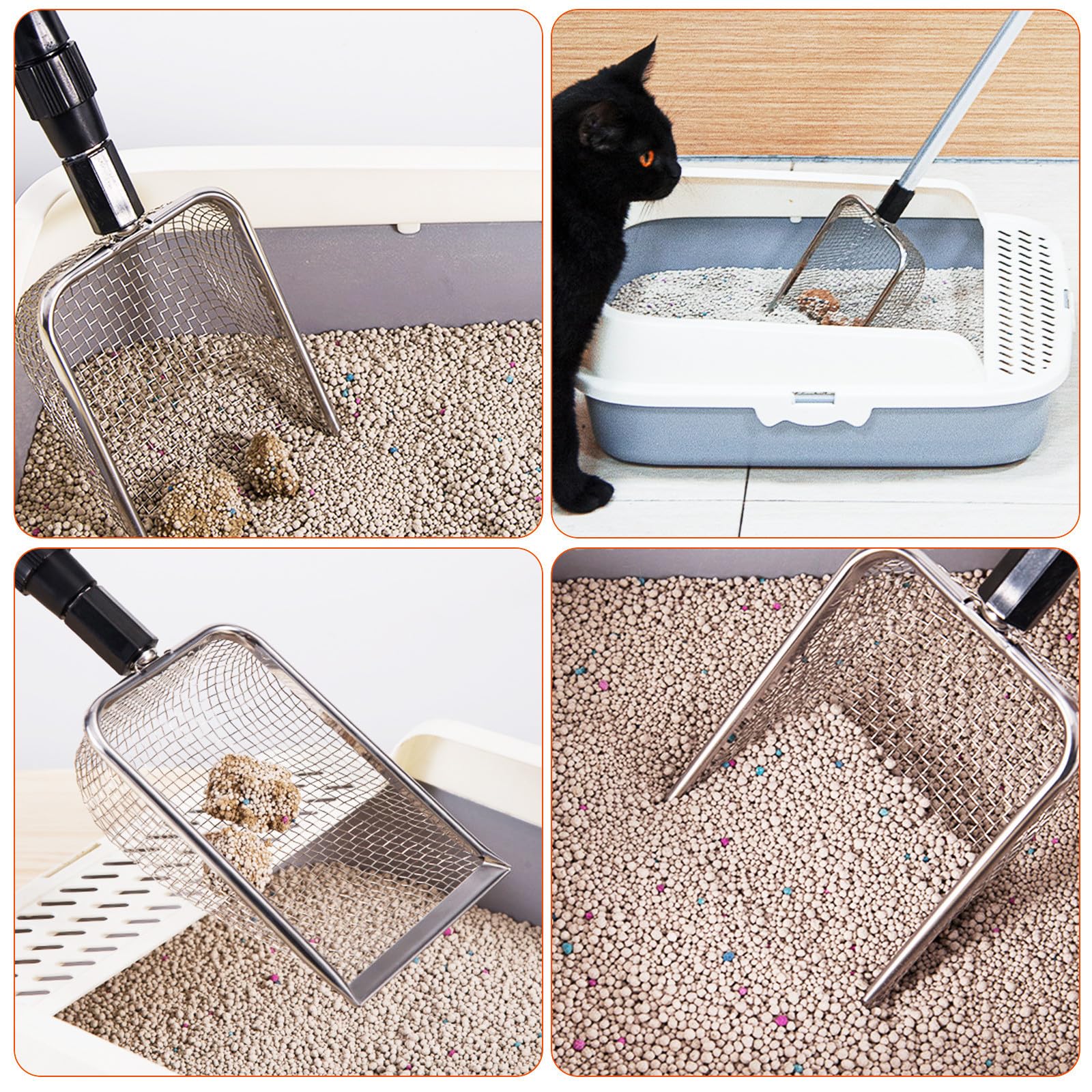 2 Stück Katzenstreuschaufel aus Edelstahl mit Langem Teleskopgriff und Rostfreiem Sandsieb Langlebig und Wiederverwendbar für Katzentoiletten Zubehör