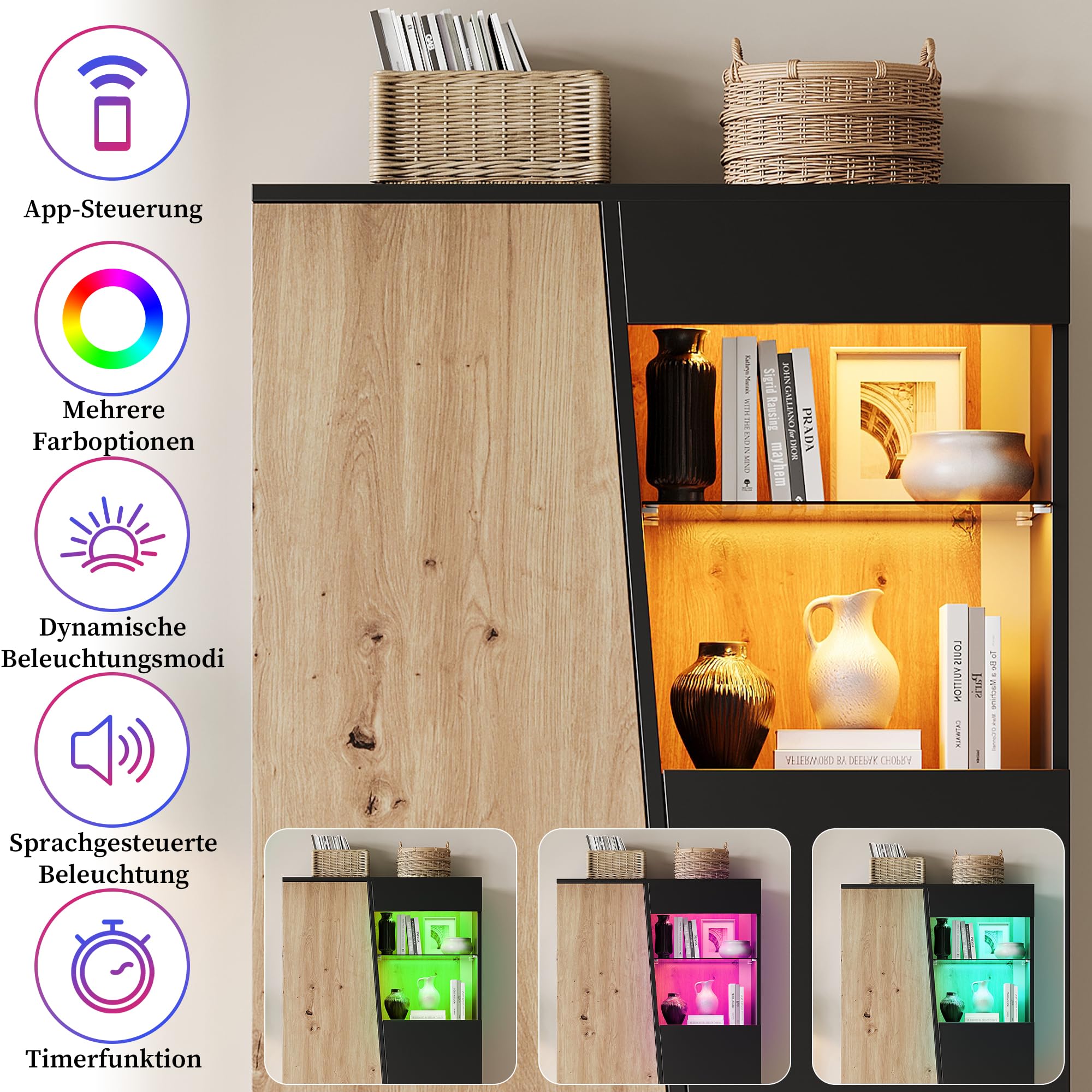 Tidyard Vitrina Expositor Independiente con Luces LED Bluetooth | Mueble de Almacenamiento y Exhibición con Puertas de Cierre Suave | Estantería Alta para Salón, Dormitorio o Estudio | 9 Compartimento