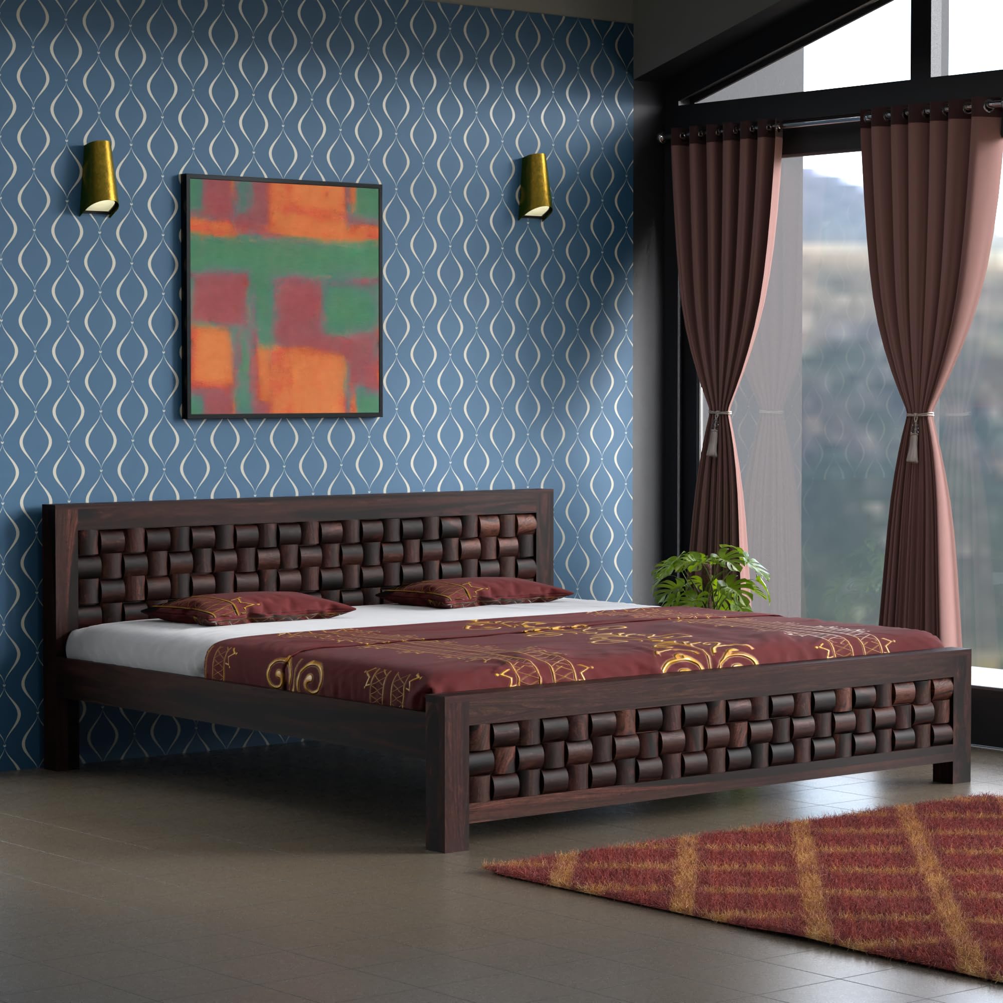 TreeWalley Solid Sheesham Wood Queen Size Bed Without Storage | Wooden Double Bed Cot Bed for Bedroom Furniture | Palang Double Bed for Hotels | Niwar Patti Design, Walnut-image-26