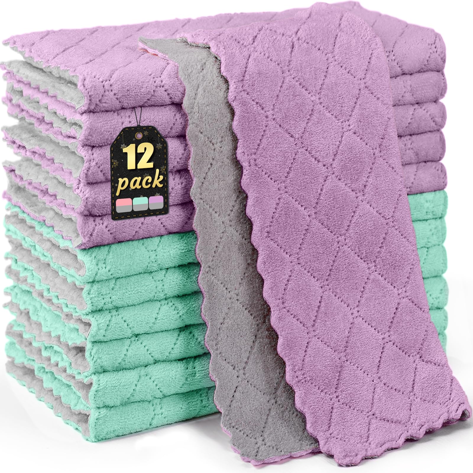 Buedm Gray,Green,Purple 12 Pack Kitchen Cloth Dish Towels, 12X12 Inch Soft Premium Dishcloths, Absorbent Microfiber Cleaning Cloth For Cleaning Dishes, Kitchen, Bathroom, Car