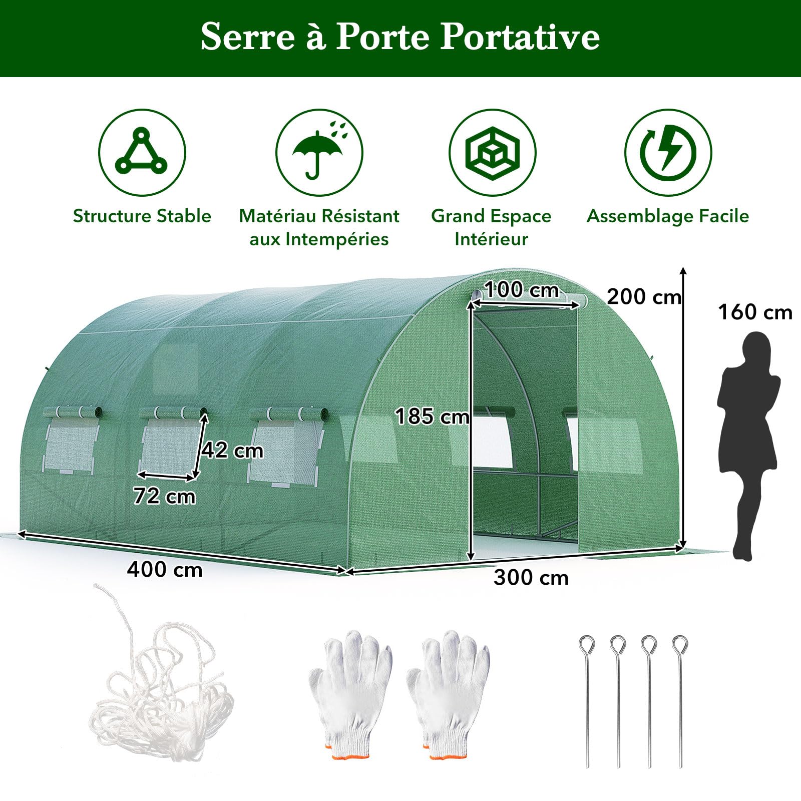GOPLUS Invernadero de Jardín (4 x 3 x 2 m), Acero Galvanizado con 8 Ventanas Laterales y 2 Puertas, Jardín Bajo Invernadero para Granja, Patio Trasero y Jardín