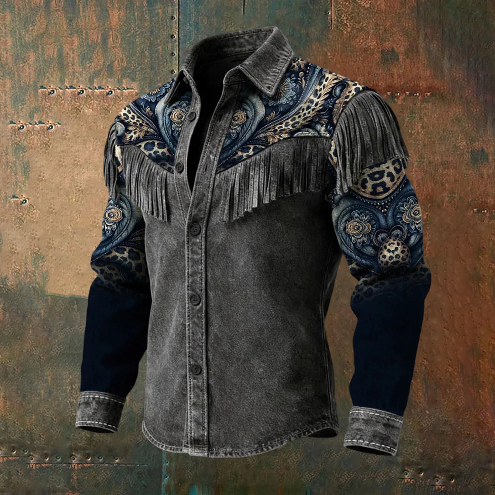 Generico Camicia da Lavoro Uomo Camicia Western Stile Cowboy con Frange Decorazione per Casual Abbottonata a Maniche Lunghe Festival Musicale Country