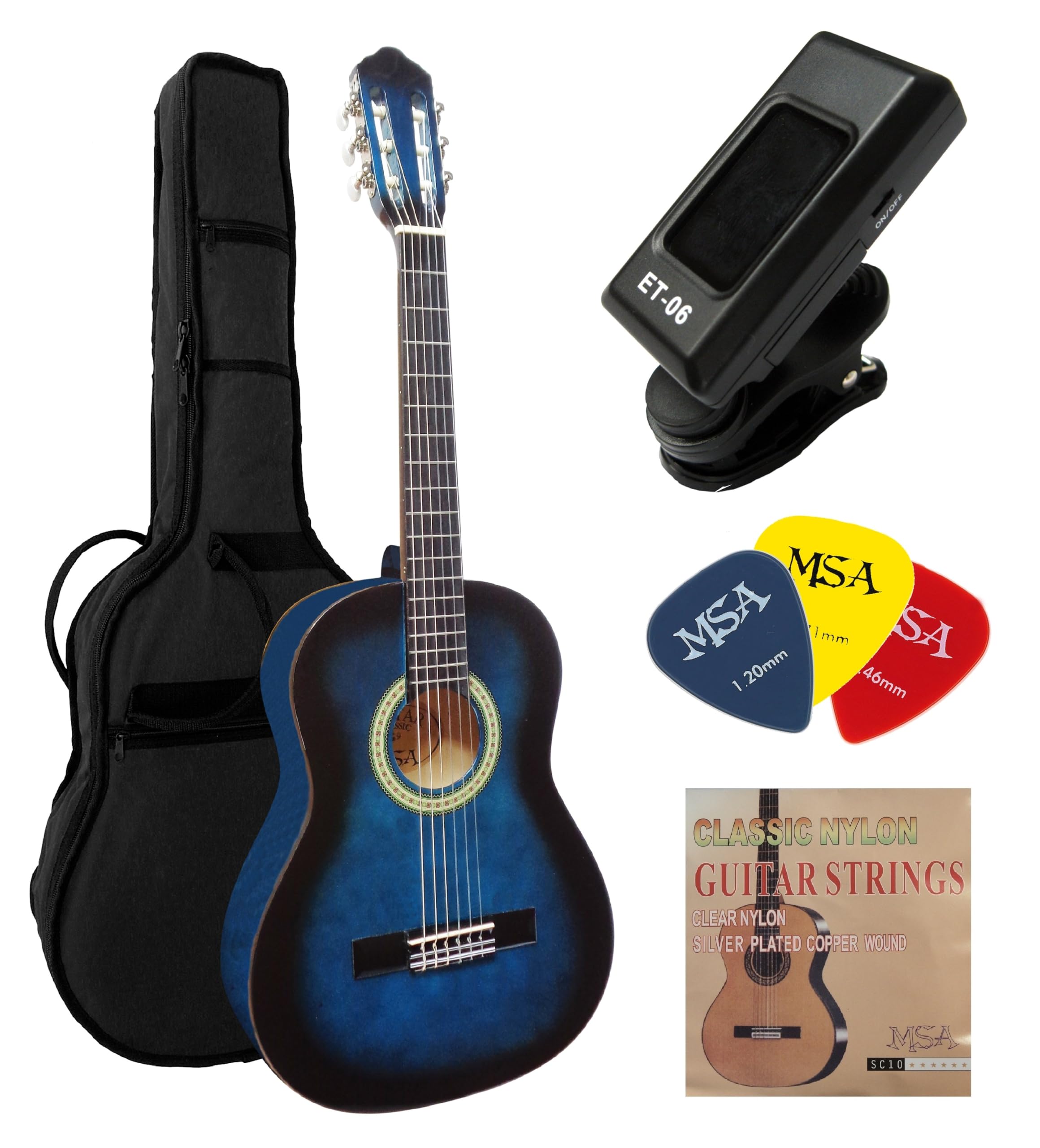 3/4 guitare classique pour enfants bleu avec accessoire, set sac, cordes, plectre, accordeur