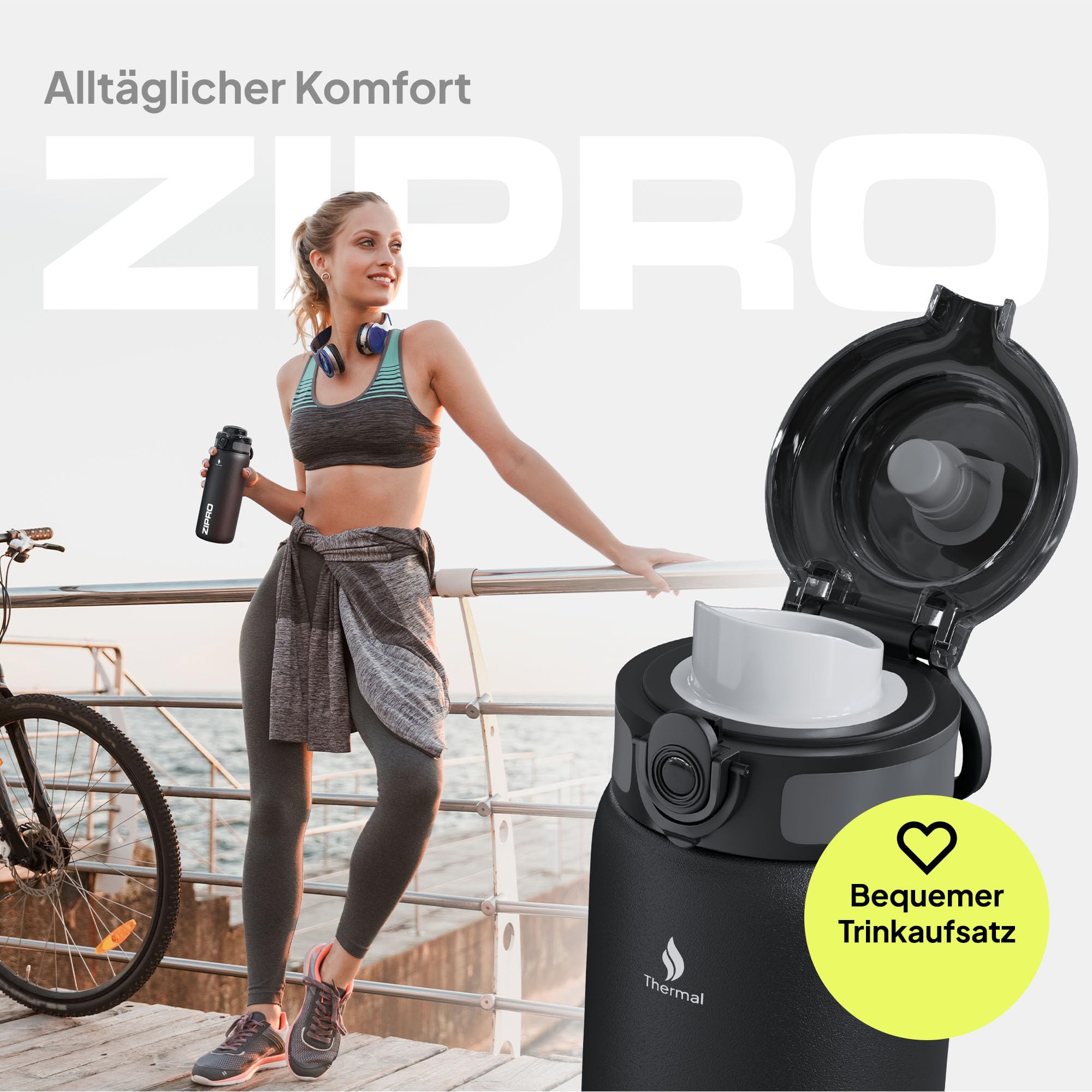 ZIPRO Thermobecher Edelstahl 1000ml – Große Isolierflasche mit Tragegriff – Hält 12h Warm & 24h Kalt – Vakuumisoliert, Auslaufsicher – Outdoor Reisebecher für Camping & Sport – Schwarz