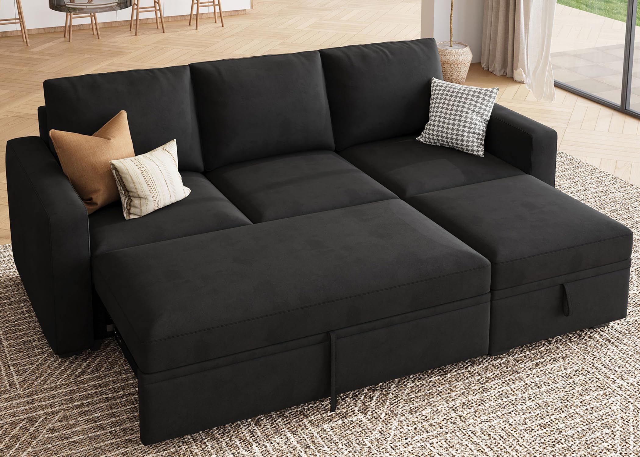 HONBAY Modular Sectional Sleeper Sofa with Pull Out Bed, L Shaped Couch with Storage Seat, Convertible Sectional Couches for Living Room, Beige — view 21