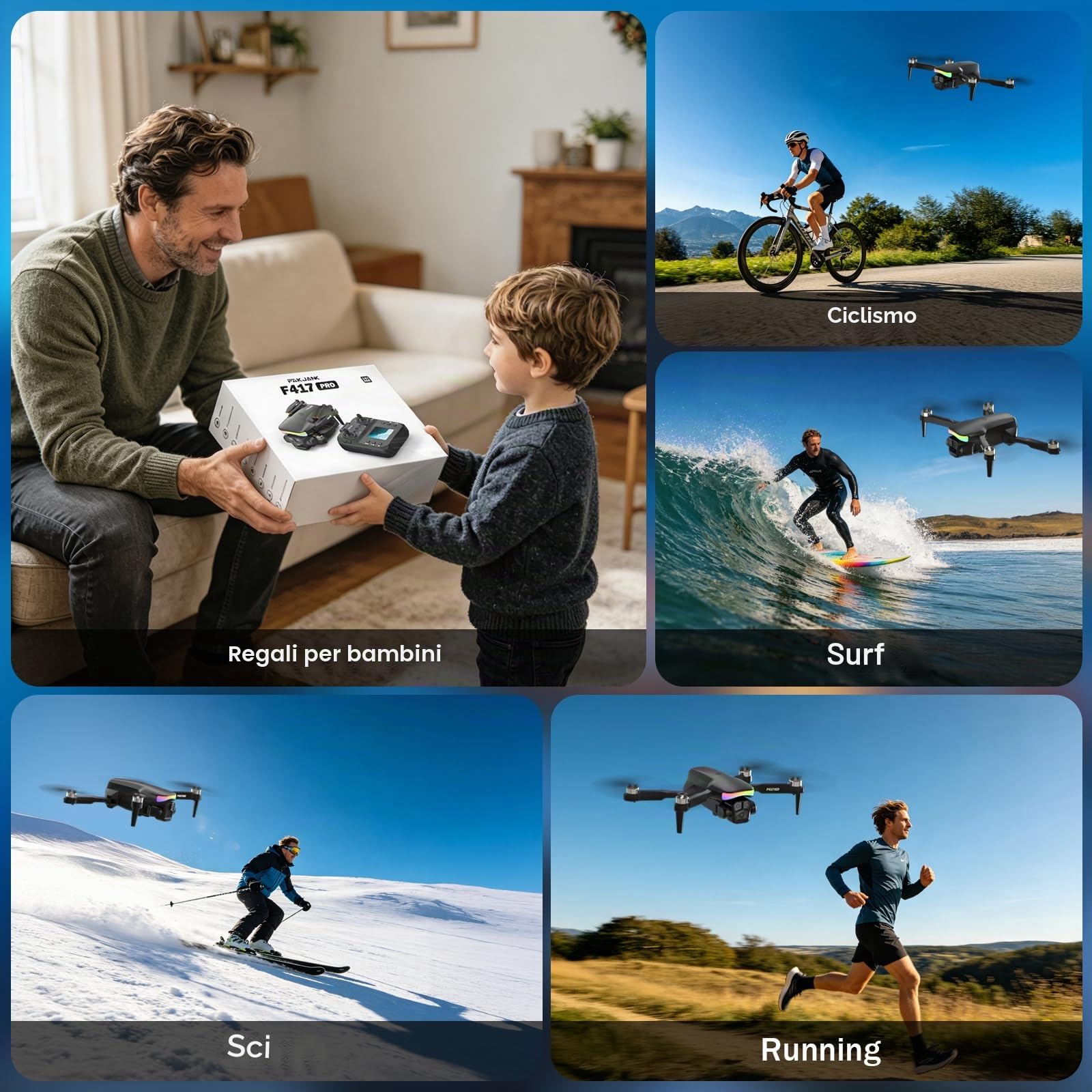 F417PRO Drone con Telecamera 1080P per Adulti Bambini, Mini Drone con Schermo, Doppia Lente 90°, LED, Flusso Ottico, Batteria Modulare, Principianti, Decollo 1 Tasto, Senza Testa, Flip 3D, Borsa