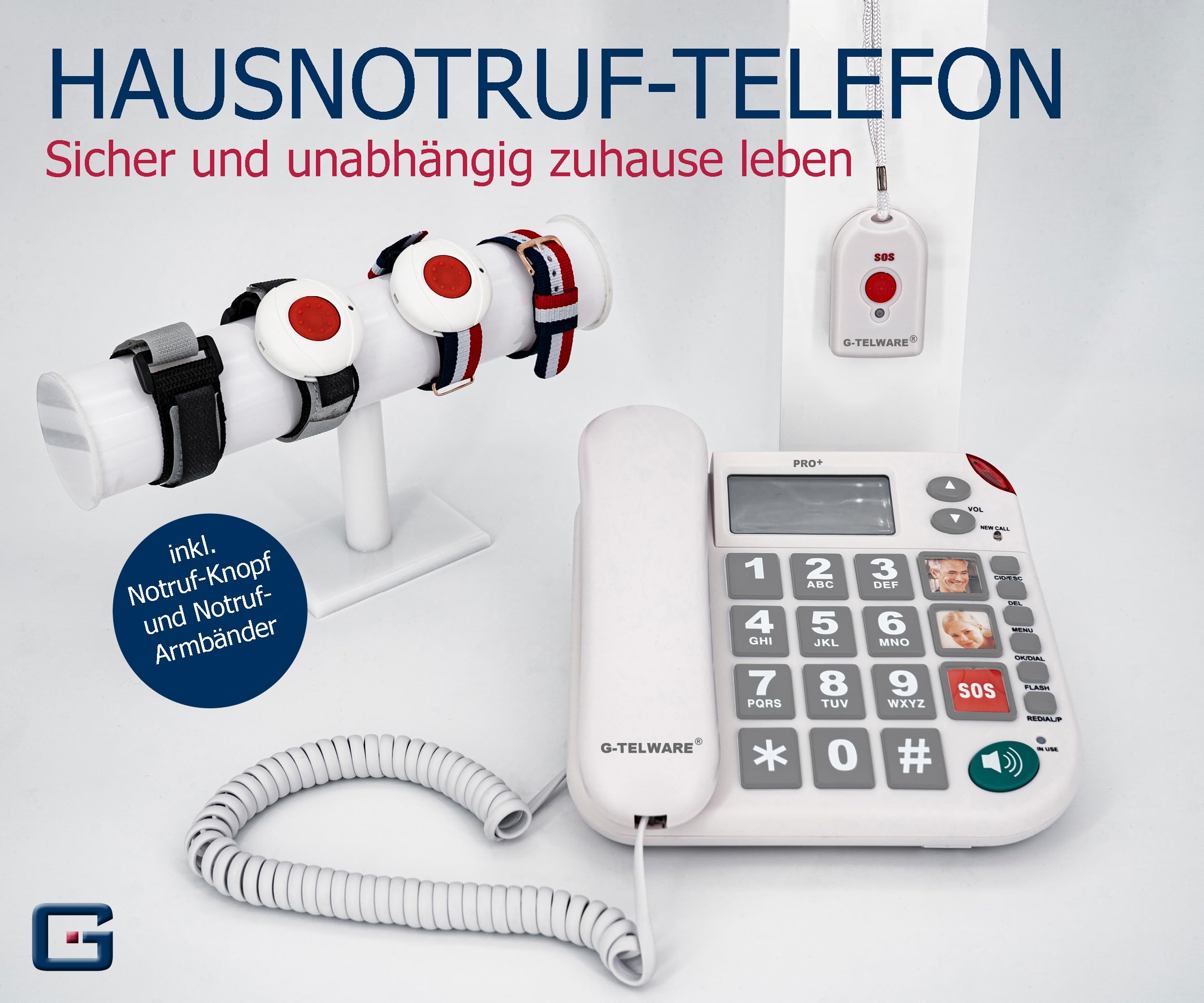 PRO+(G-TELWARE®) - Seniorentelefon Festnetz mit Notfallarmband | mit Notruf-Kette für garantierte Erreichbarkeit | Hausnotruf für Angehörige - mit SOS Armband und Notrufknopf für Senioren