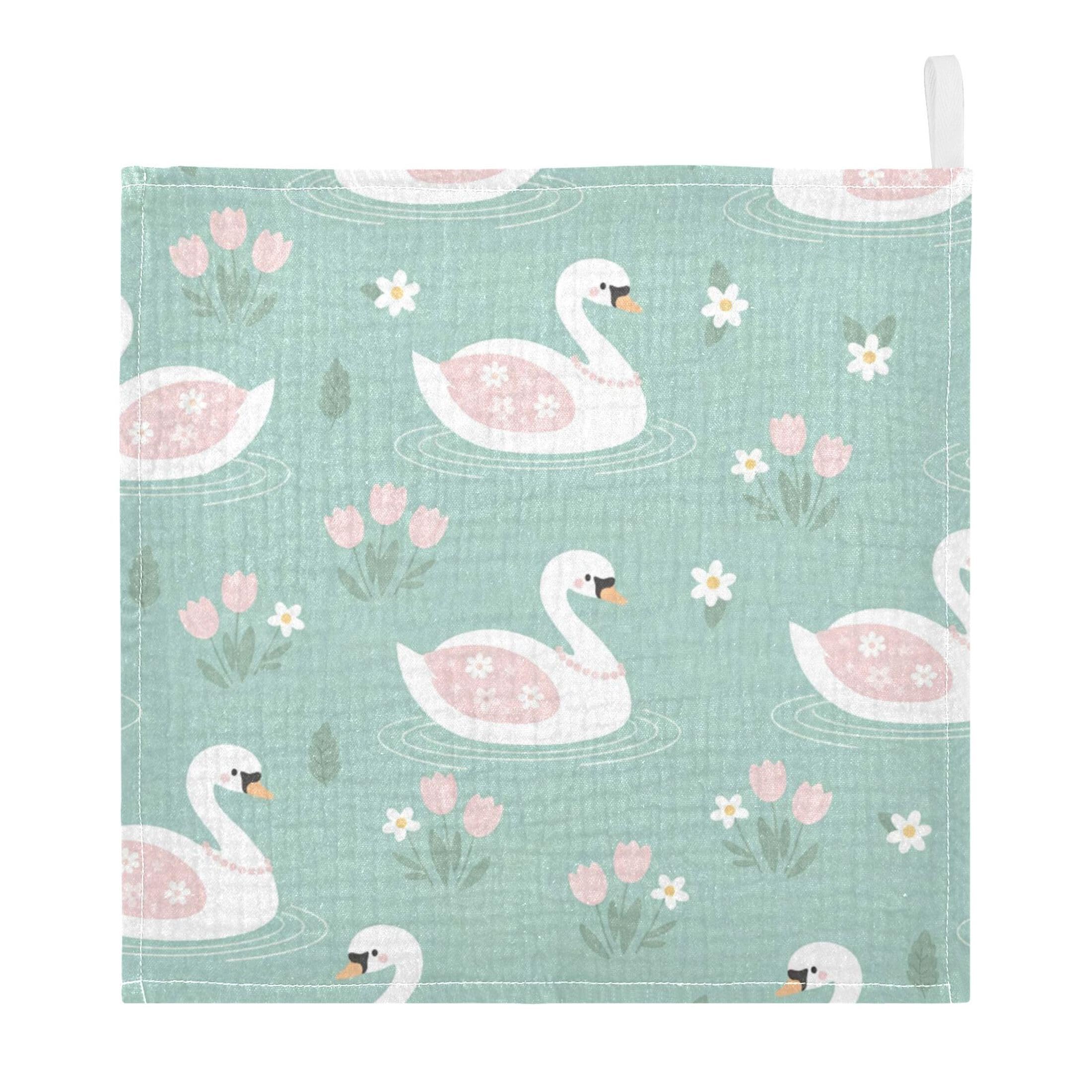 Fuauuyl Swan Baby Muslin Washcloths Cotton Absorbent Soft Burp Cloths for Newborns Infants Toddlers, Reusable Face Towels for Sensitive Skin, 3 Pack, 12x12 in
