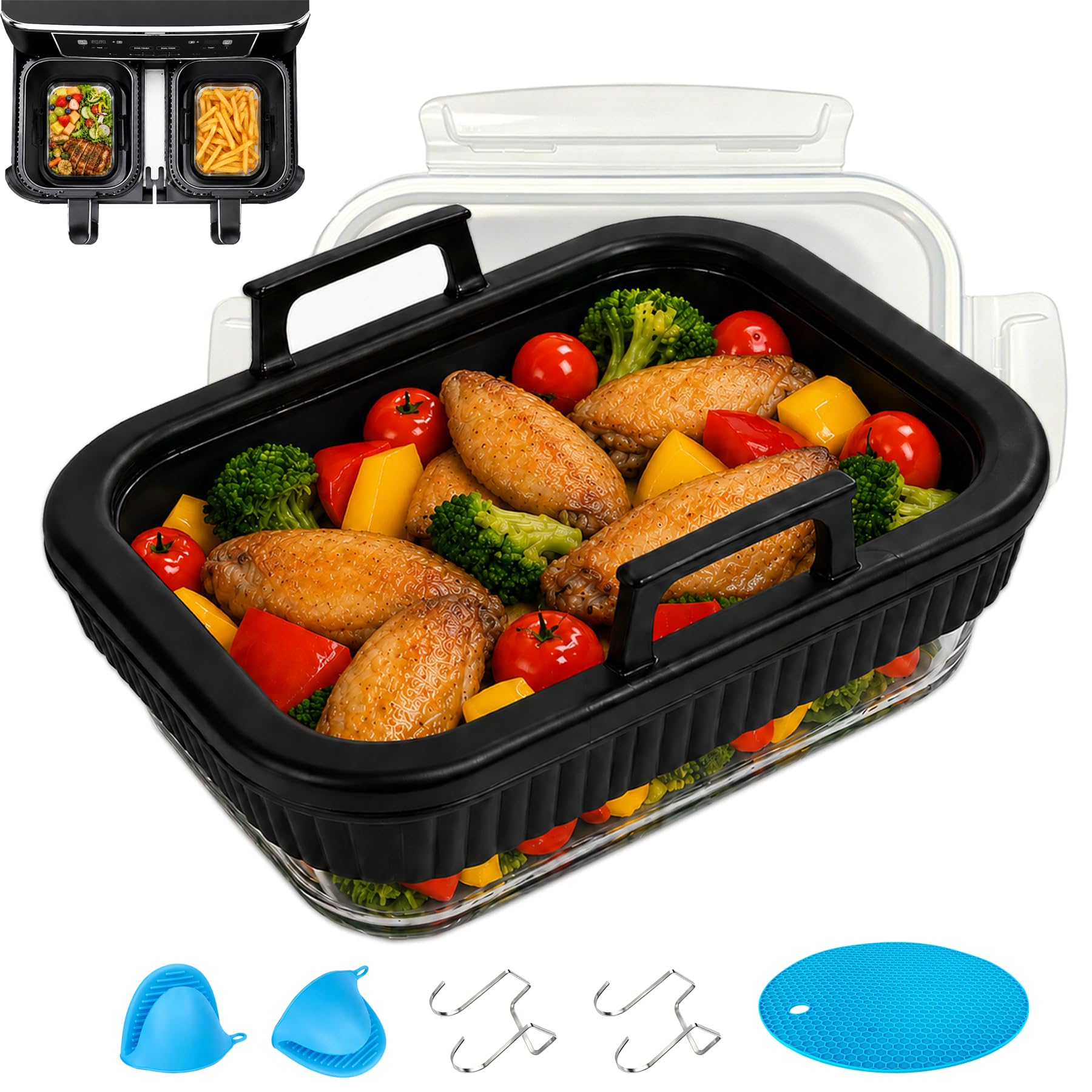 Bandeja Cristal Air Fryer, 20,3 × 15,5 × 9,4 cm, con Tapa, Gancho, Alfombrilla Térmica, Guantes de Silicona y Asas Extraíbles hasta 220 °C, para Modelos Comunes