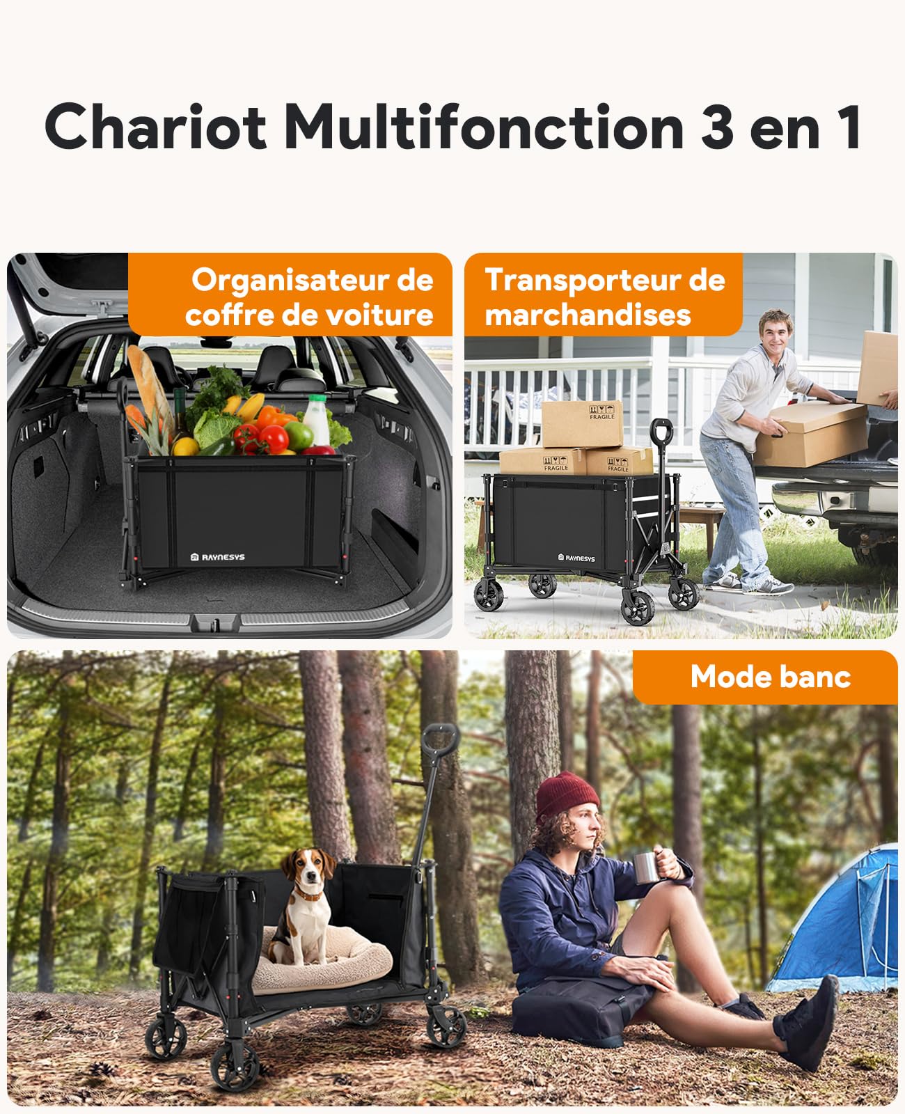 Chariot Pliable 3 en 1 Convertible en Banc, 120L pour l'Épicerie, Chariot Pliable 220lbs avec Roues, Utilitaire pour Plage, Sport, Camping, Jardin, Brouettes, Noir foncé