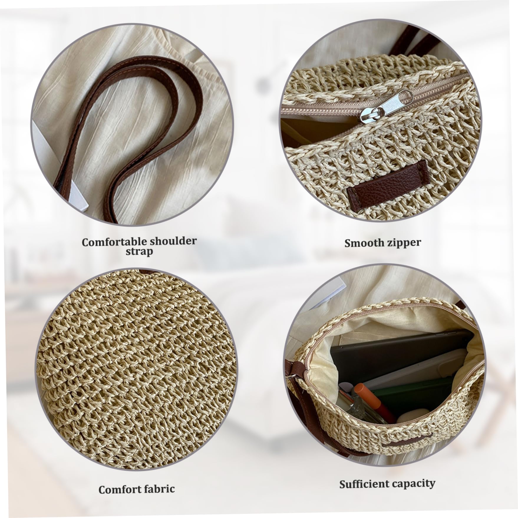 Bolsos de paja bolso de playa de paja para mujer bolso de trenzado de un solo hombro cruzado de gran capacidad para verano con cremallera para viajes de vacaciones color beige.