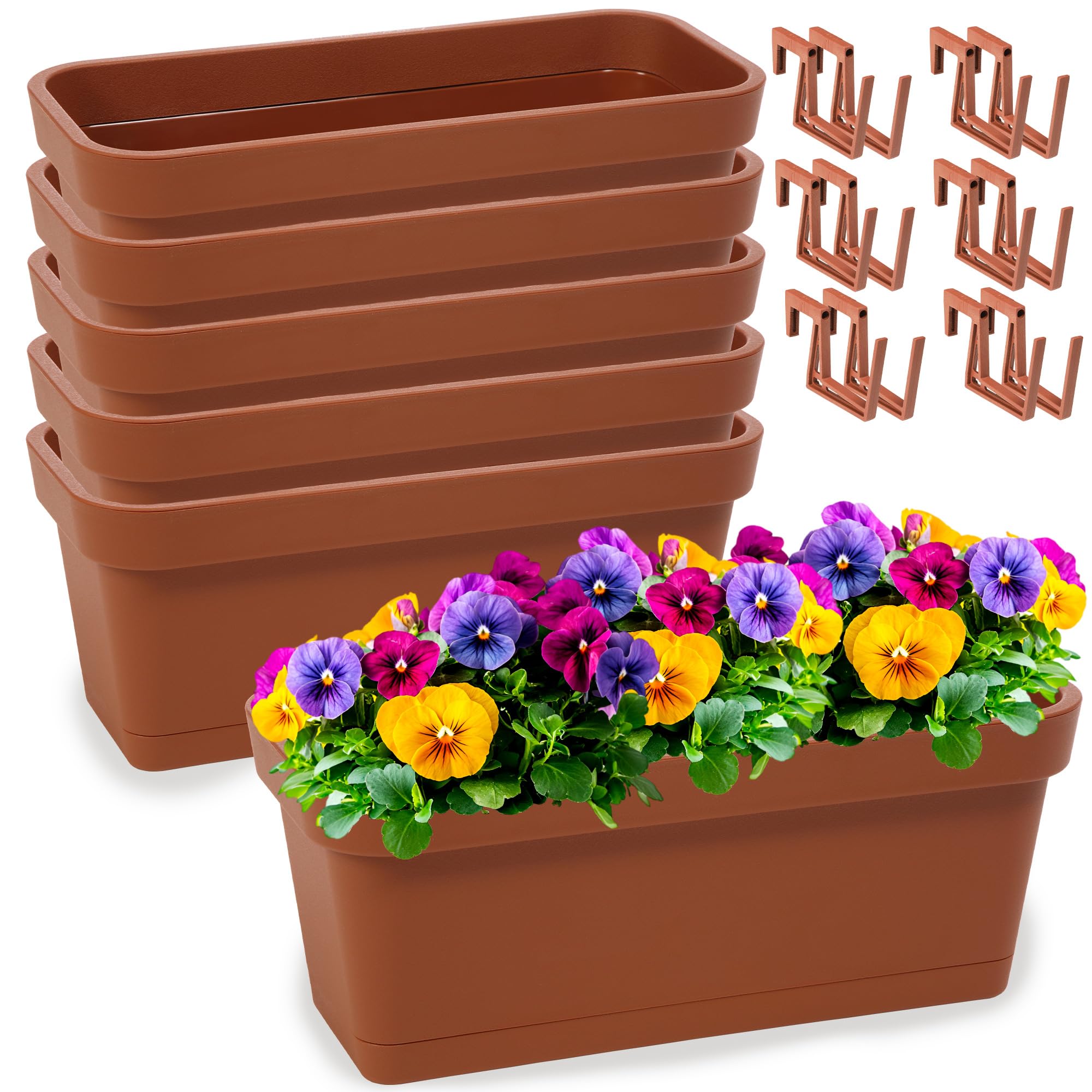 Lot de 6 jardinières en plastique pour fleurs et herbes - Pot de balcon résistant pour balcon - Terre cuite - Diamètre 40 cm