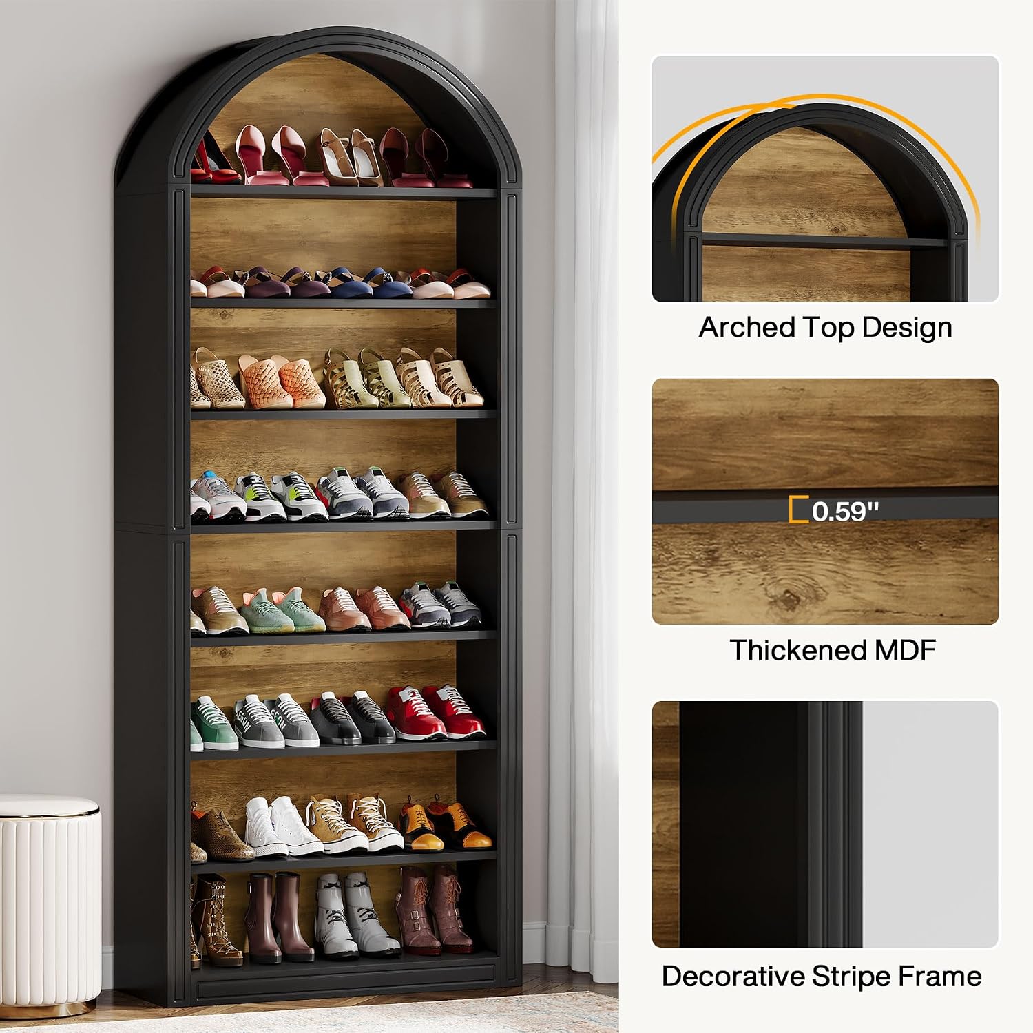 Tribesigns Shoe Storage Cabinet, 8-Tier Tall Black Shoe Organizer Cabinet, Large Wooden Freestanding Shoe Rack for Closet Entryway