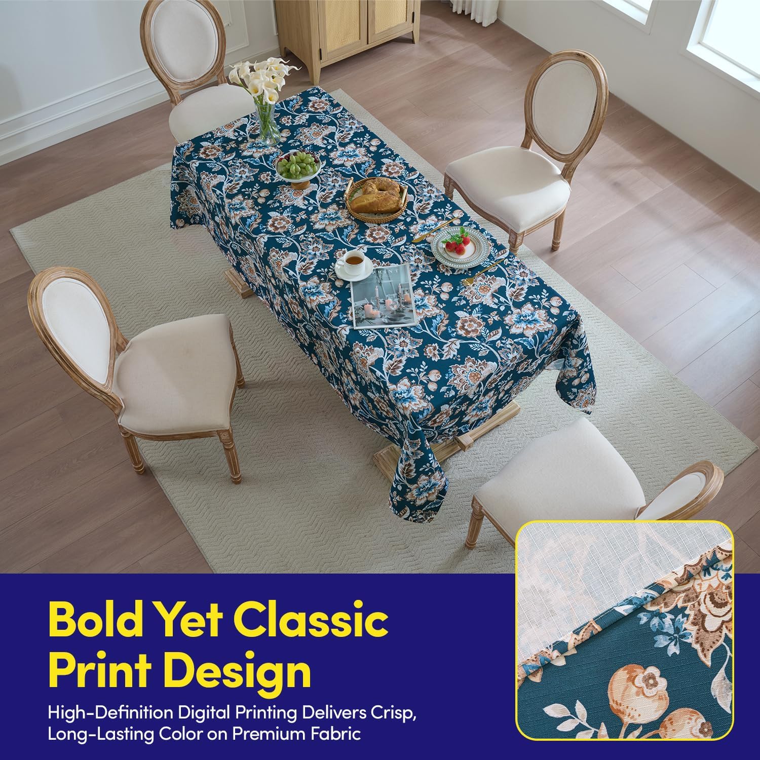 Rectangle Tablecloth 60" x 102" 100% Waterproof Fabric — Wipe-Clean, Tear-Proof Decorative Table Cover for Indoor & Outdoor Dining Elegant Patterns for Kitchens, Dining Rooms, Jacobean