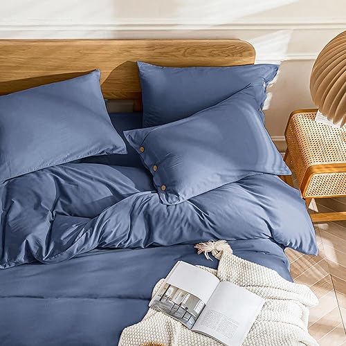 Miniatura 2 de JELLYMONI - Funda de edredón de 100% algodón lavado, tamaño Queen, color azul, con botones, 3 piezas, transpirable, suave, unicolor, de 90 x 90