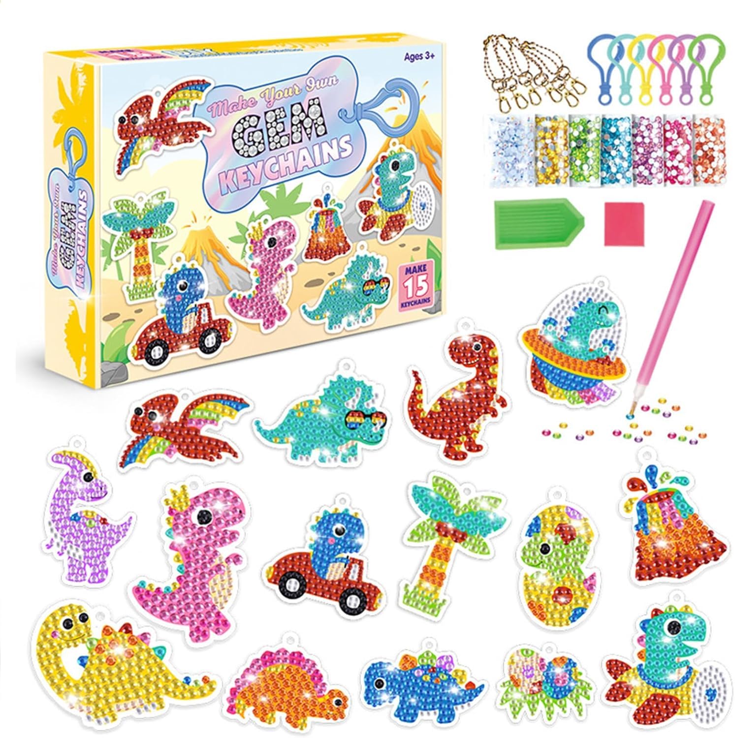 Azonee15 Pcs 5D Diamond Art Keychains, 5D Dinosaur Diamonds Painting Key Chains Dino Diamond Art Key Ring Pendant DIY Diamond Decorative Accessories Ornaments Gem Arts & Crafts for Kids Adult