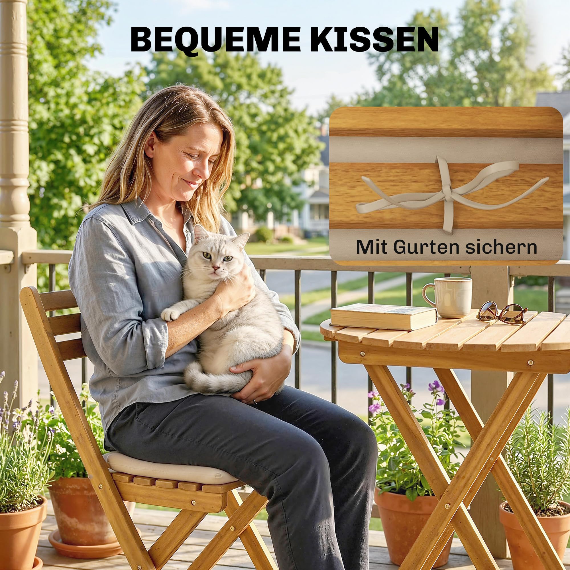 Outsunny Balkonmöbel Set 3 teilig FSC Akazienholz klappbar Gartenmöbel Set mit runder Tisch 2 Stühle Sitzkissen Atmungsaktiv Lamellsitz, Balcony Furniture Sitzgruppe für Garten Balkon Naturholz