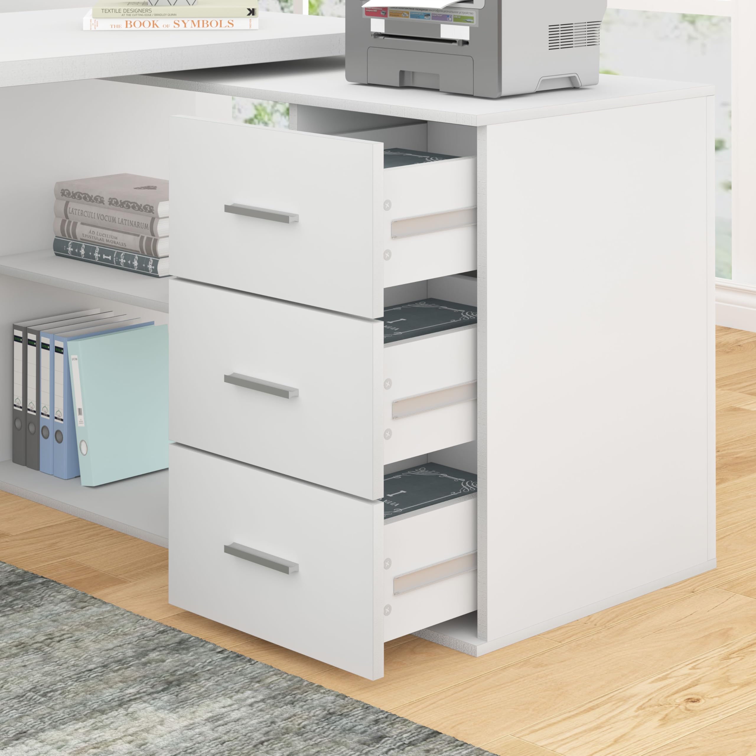 HSH 140cm Schreibtisch Weiß L Form Modern Umkehrbarer Eckschreibtisch | Bürotisch mit Stauraum für Homeoffice Computertisch mit 3 Schubladen und 2 Regalen für Büro