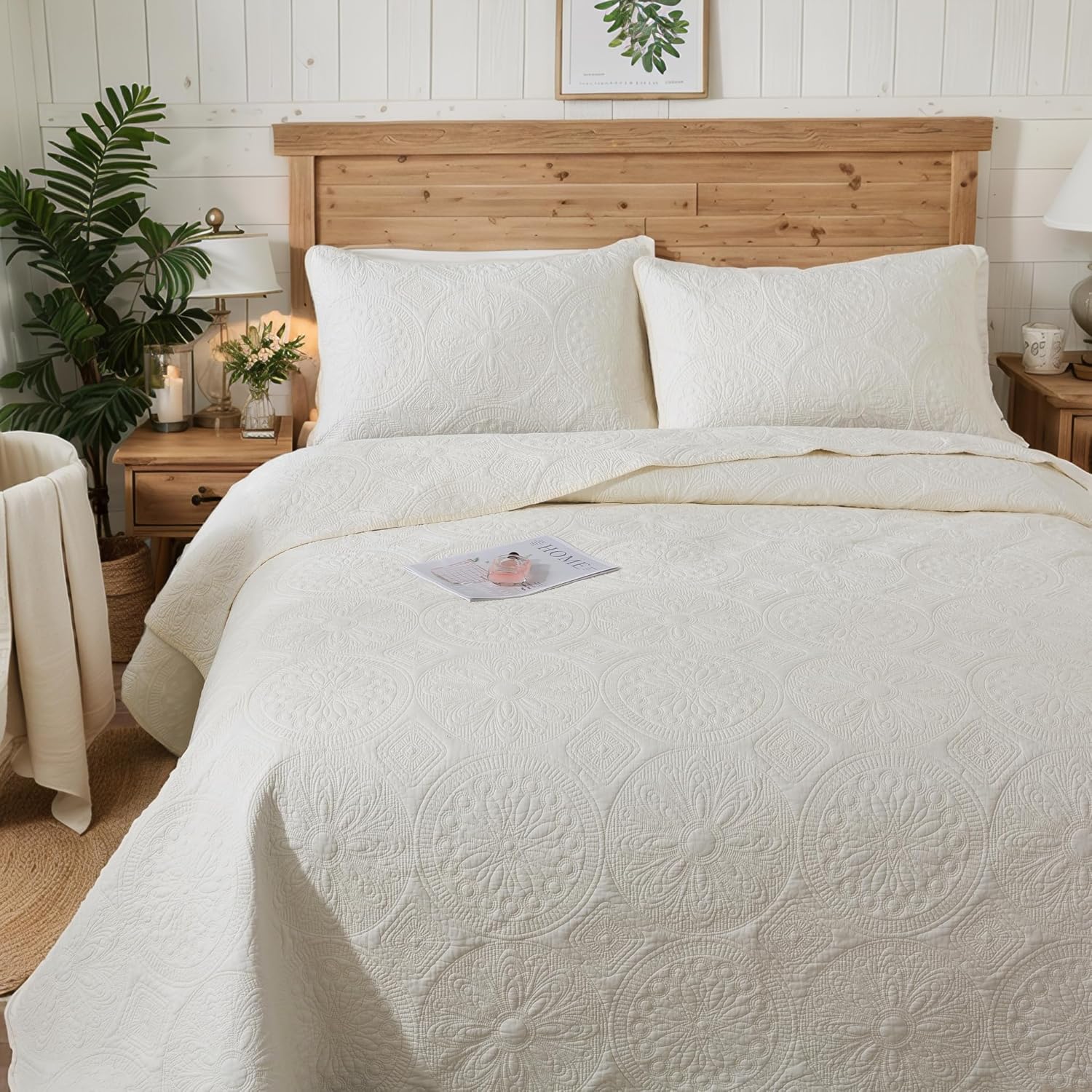 Brandream King Size Quilt Set Cotton Butter Cream Yellow Vintage Farmhouse Boho Medallion Matelasse Coverlet Set 3-Piece