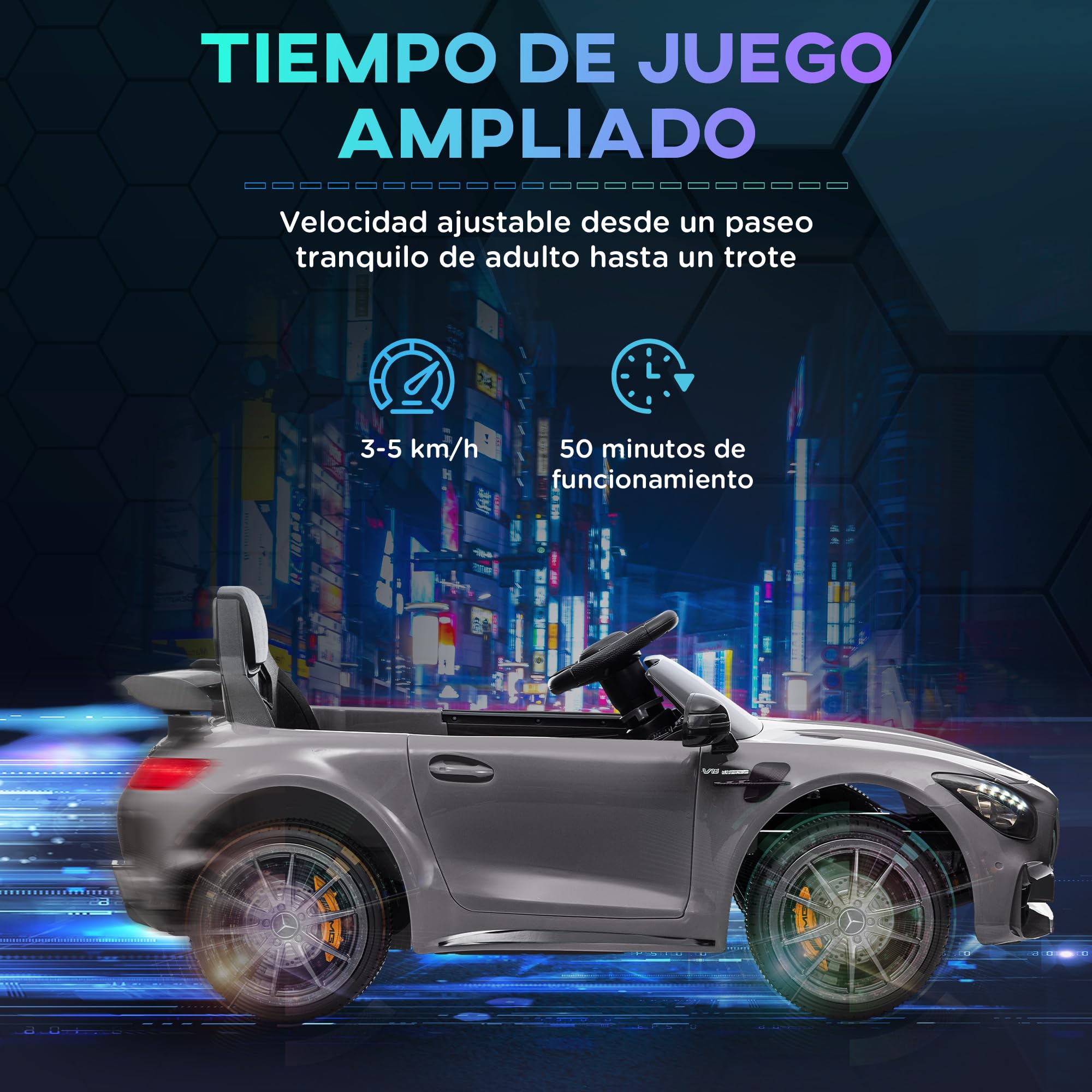 AIYAPLAY Coche Eléctrico para Niños de +3 Años Mercedes-Benz AMG GTR Carro Eléctrico Infantil con Batería 12V Mando a Distancia Faros Bocina Música MP3 Arranque Lento y Pantalla Plata